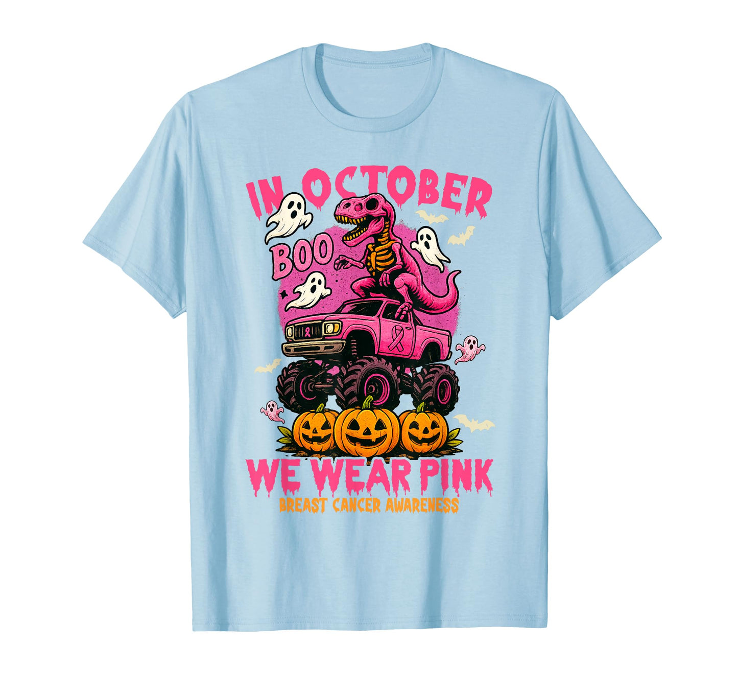 in October We Wear Pink Dinosaur T Rex Monster Truck Pumpkin T-Shirt