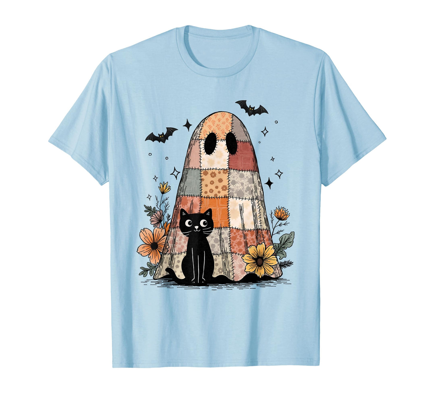 Preppy Retro Floral Patchwork Ghost and Black Cat Halloween T-Shirt
