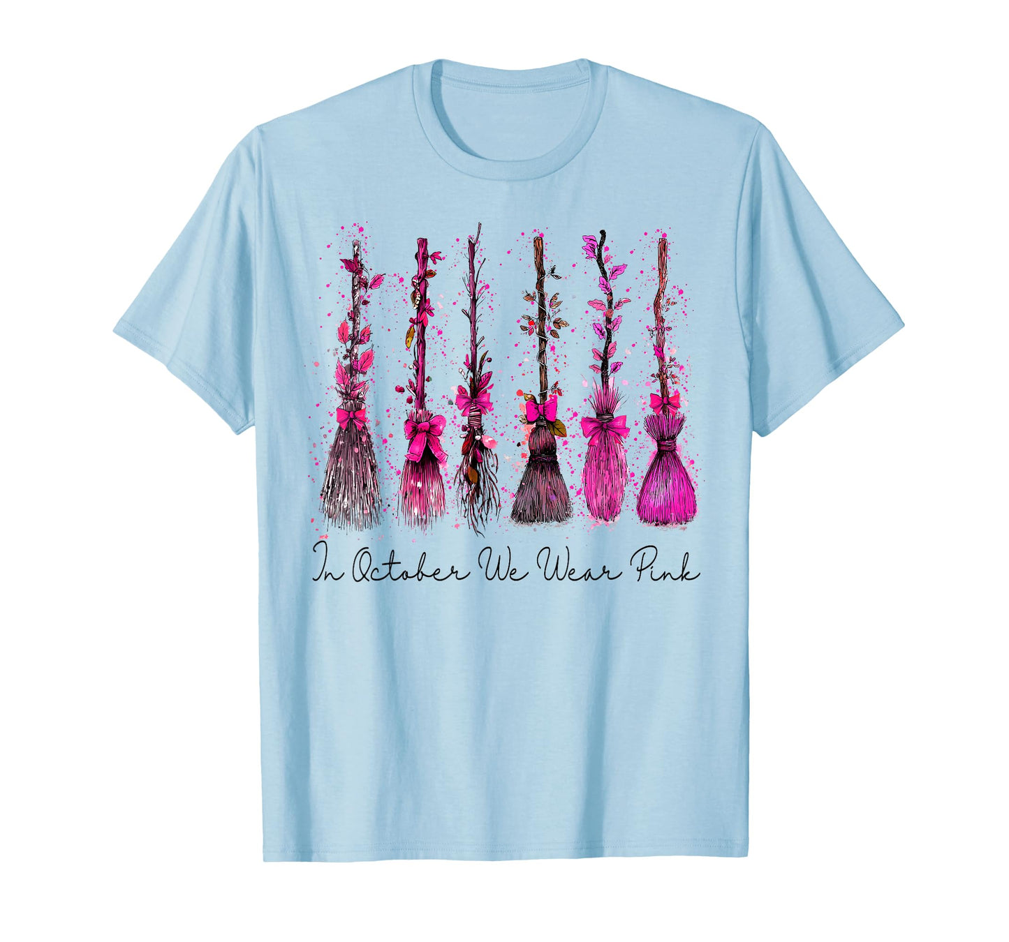 in October We Wear Pink Broom Witch Breast Cancer Halloween T-Shirt