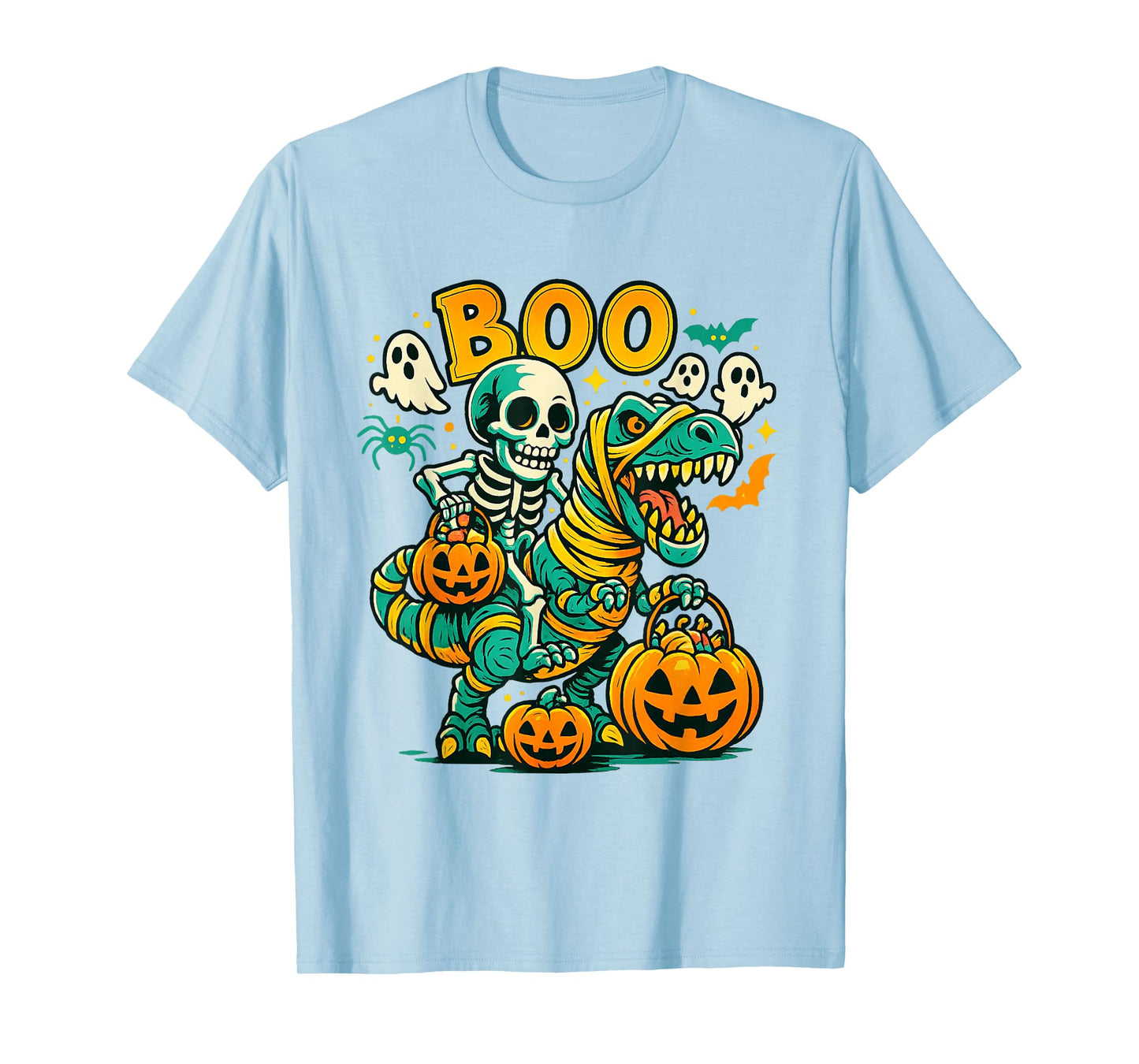 Skeleton Riding T Rex Dinosaur Boo Ghost Pumpkin Halloween T-Shirt