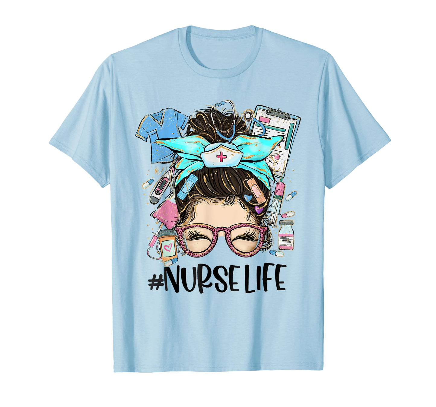Nurse Life Messy Bun Leopard Glasses Bandana Nurse Week 2025 T-Shirt