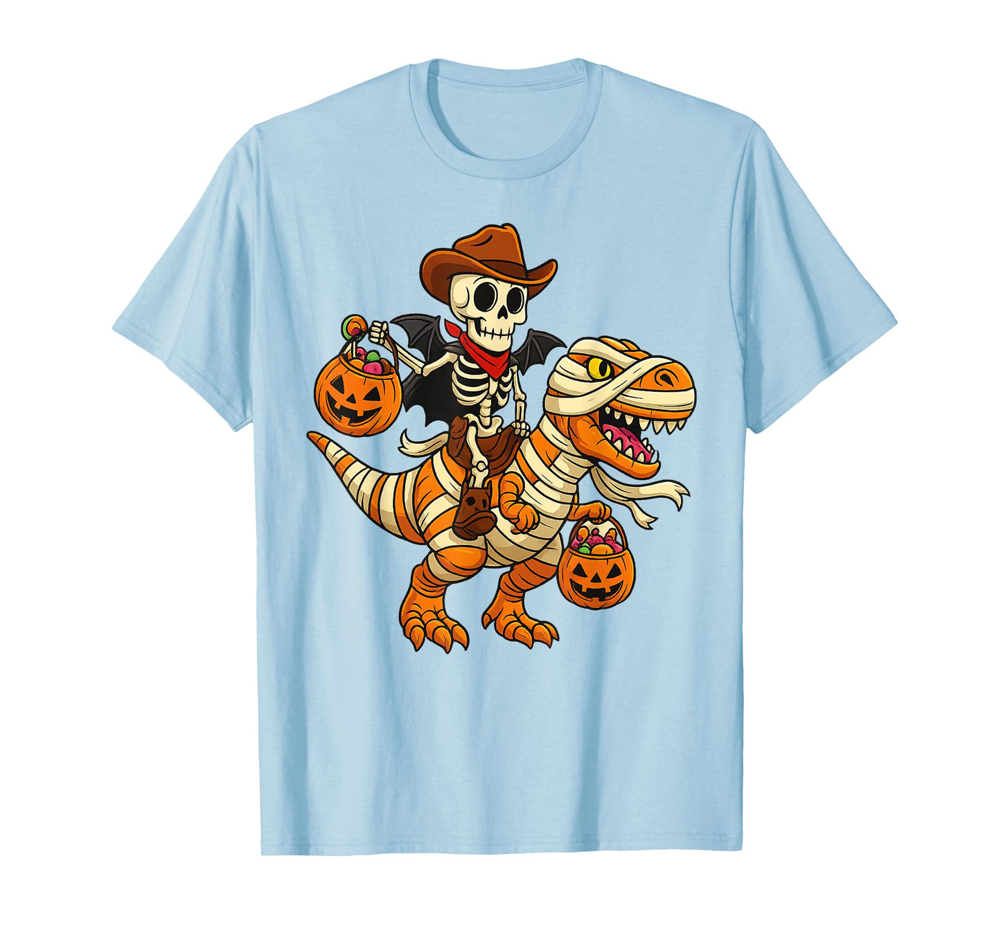 Skeleton Riding Mummy Dinosaur T rex Halloween Funny Pumpkin T-Shirt