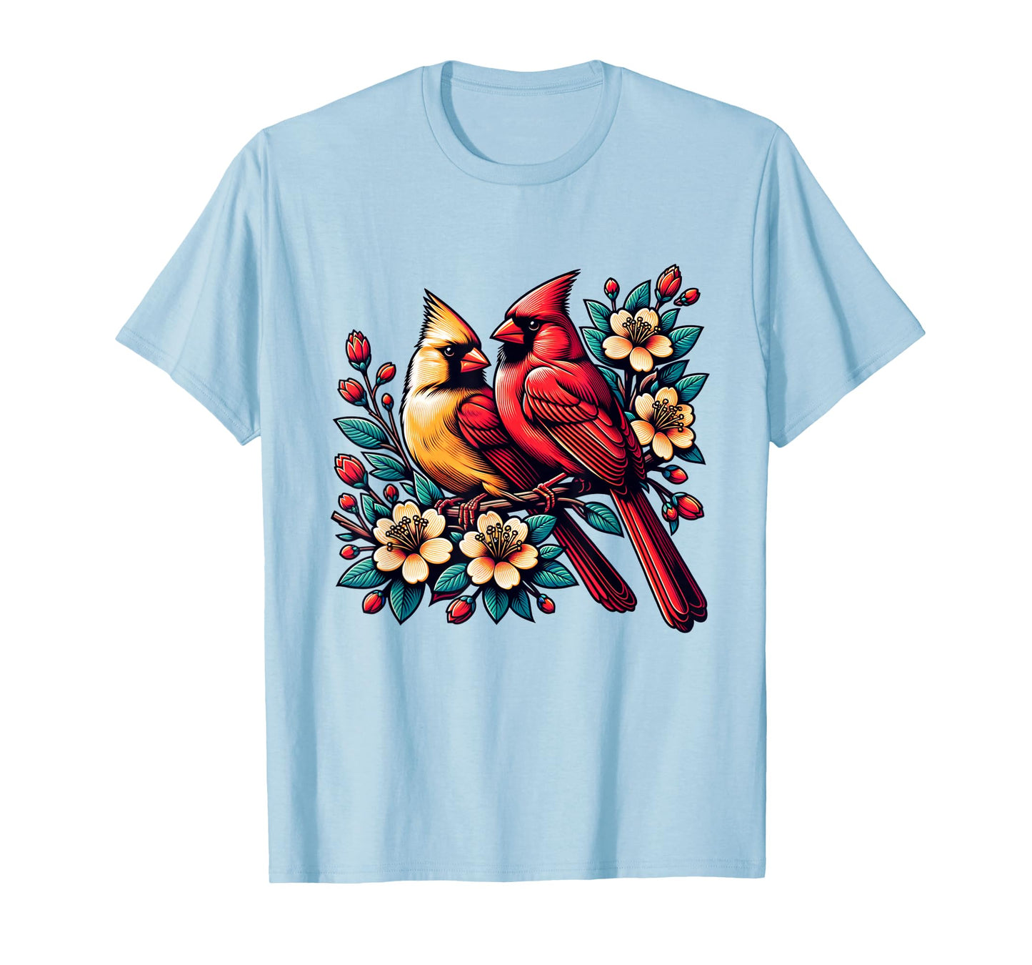 Cute Red Cardinal Couple on Flowering Branch Spring lovers T-Shirt