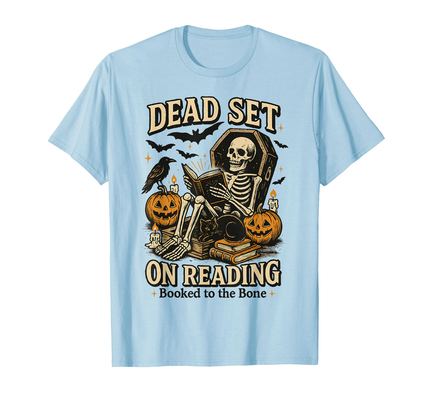 Funny Book Dead Set On Reading Skeleton Halloween Bookish T-Shirt