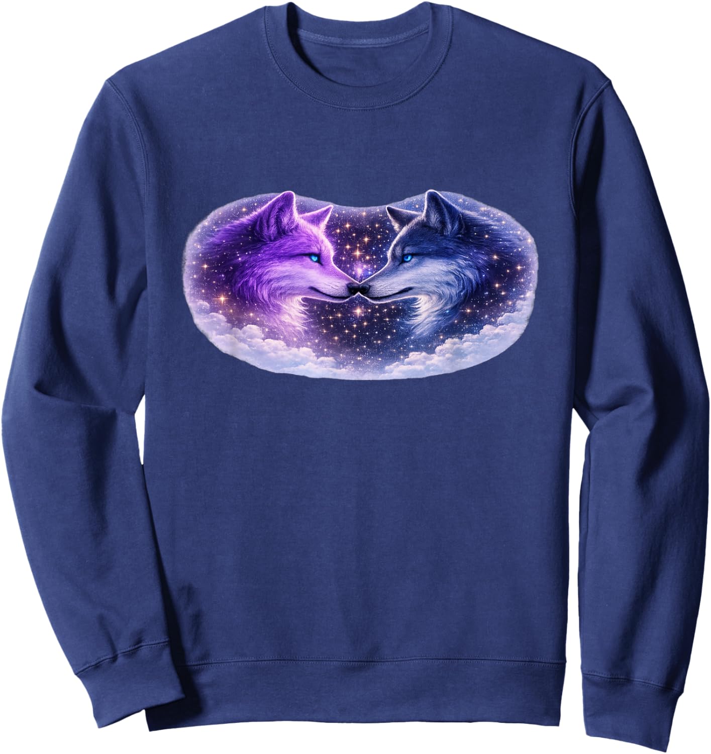 Celestial Purple Blue Wolves Cosmic Spirit Wolf Art T-Shirt Sweatshirt - Sweatshirt | Navy