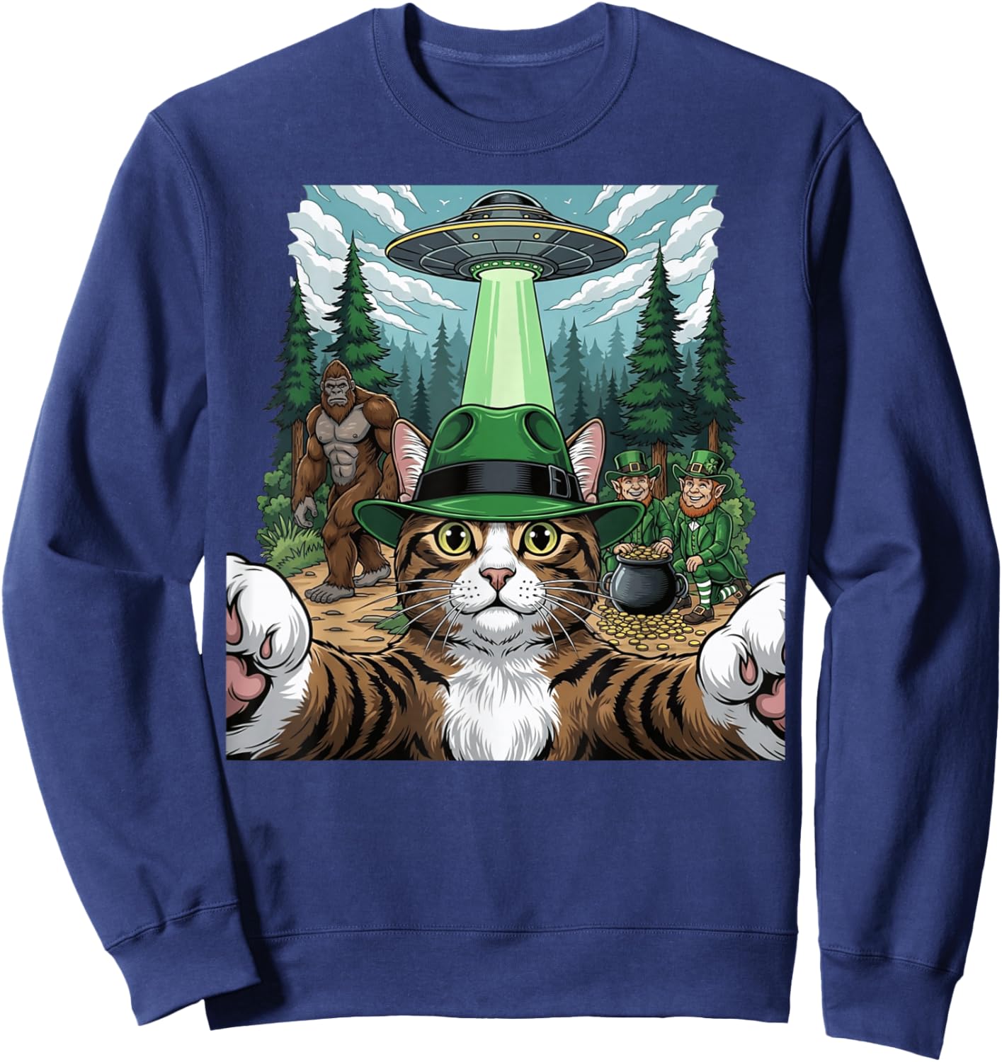 St Patricks Day Bigfoot Leprechaun Cat UFO Funny Scene T-Shirt - Sweatshirt | Navy