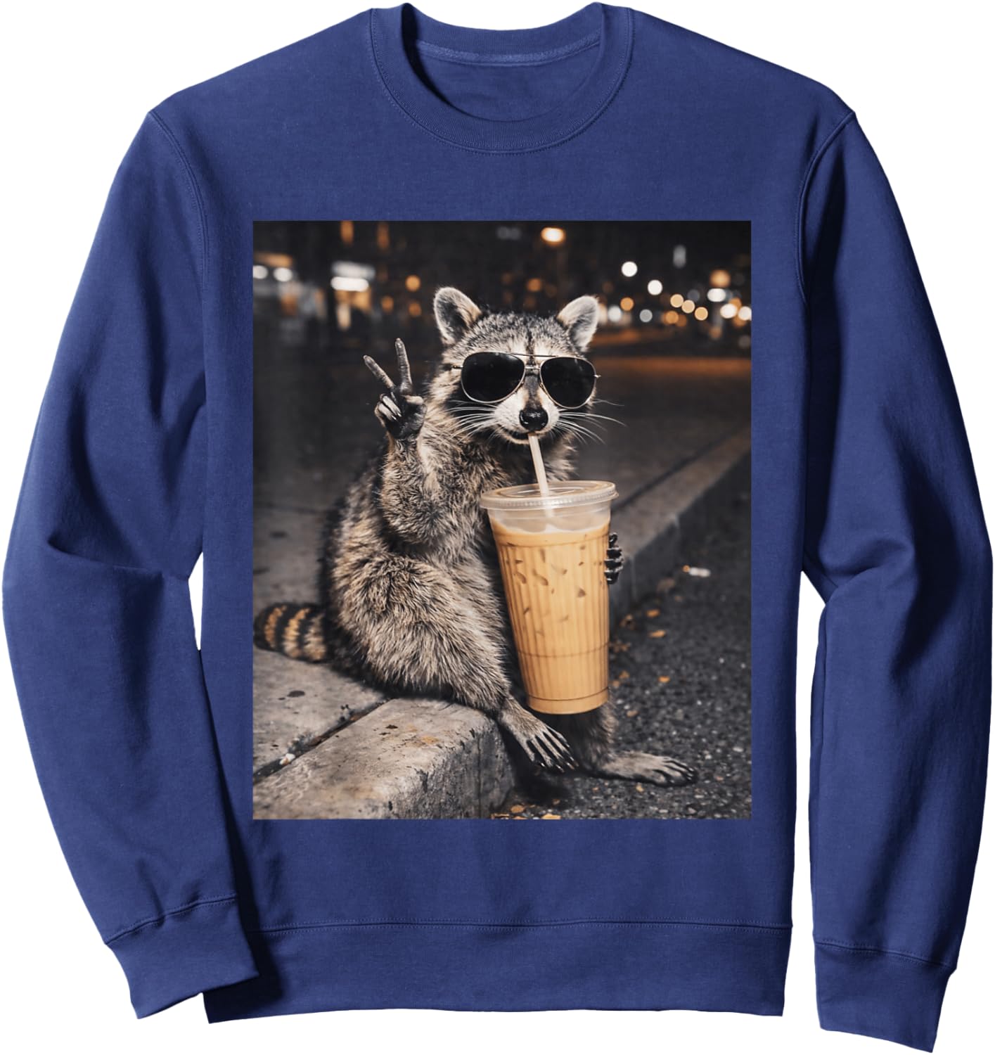 Raccoon Drinking Iced Coffee Funny Animal Meme T-Shirt Sweatshirt - Sweatshirt | Navy