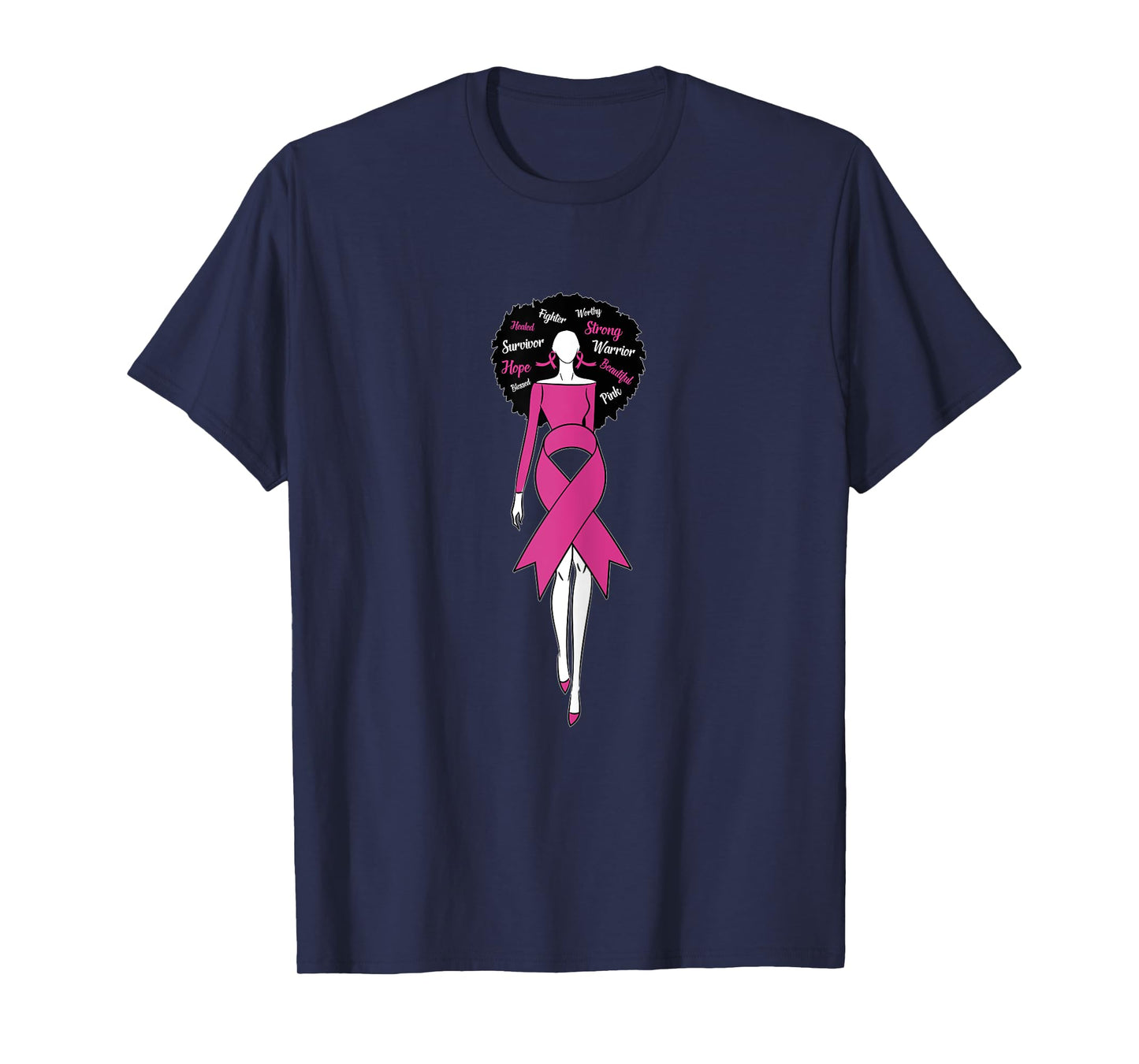 Womens Afro Black Woman Pink Ribbon Dress Breast Cancer Awareness T-Shirt
