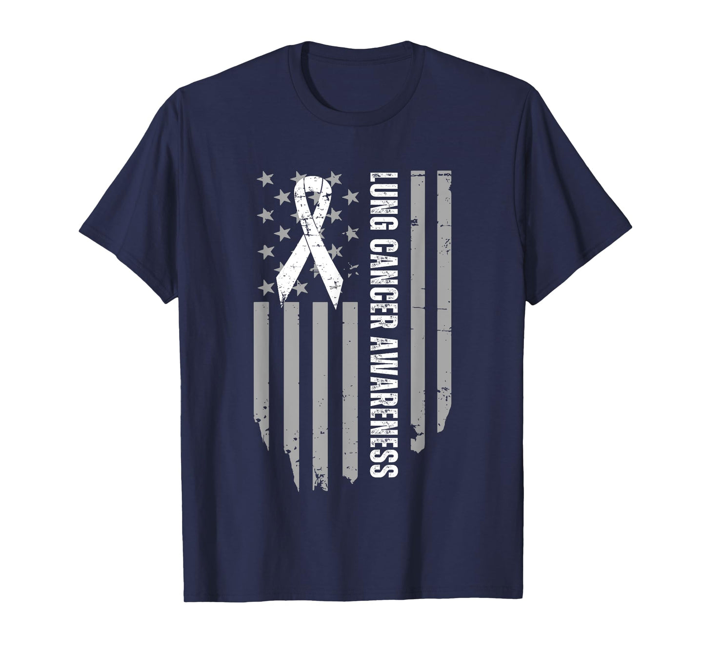 Vintage Lung Cancer Awareness American Flag White Ribbon T-Shirt