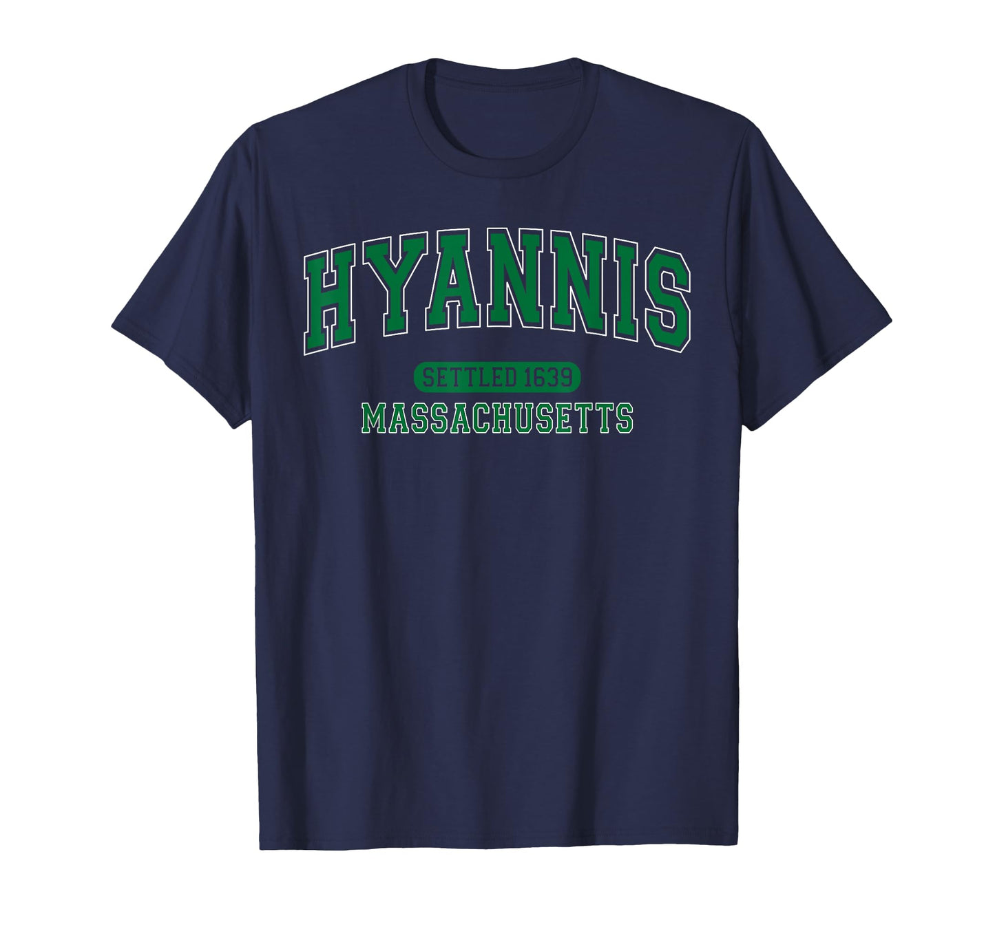 Hyannis Massachusetts Settled 1639 Arched Varsity Green T-Shirt