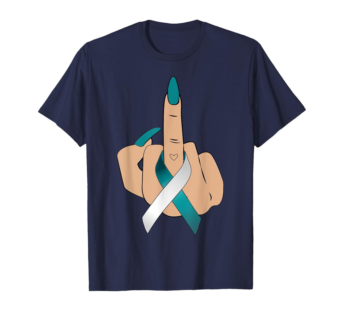 Middle Finger Woman Teal White Ribbon Cervical Cancer Women T-Shirt