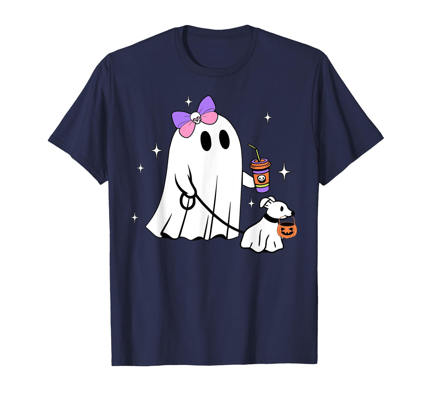 Halloween Cute Ghost Walking Dog Spooky Coquette Ghost Women T-Shirt