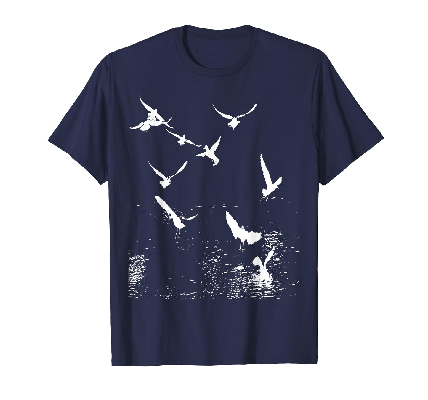 White Silhouette Of A Flock Of Seagulls Over Water T-Shirt