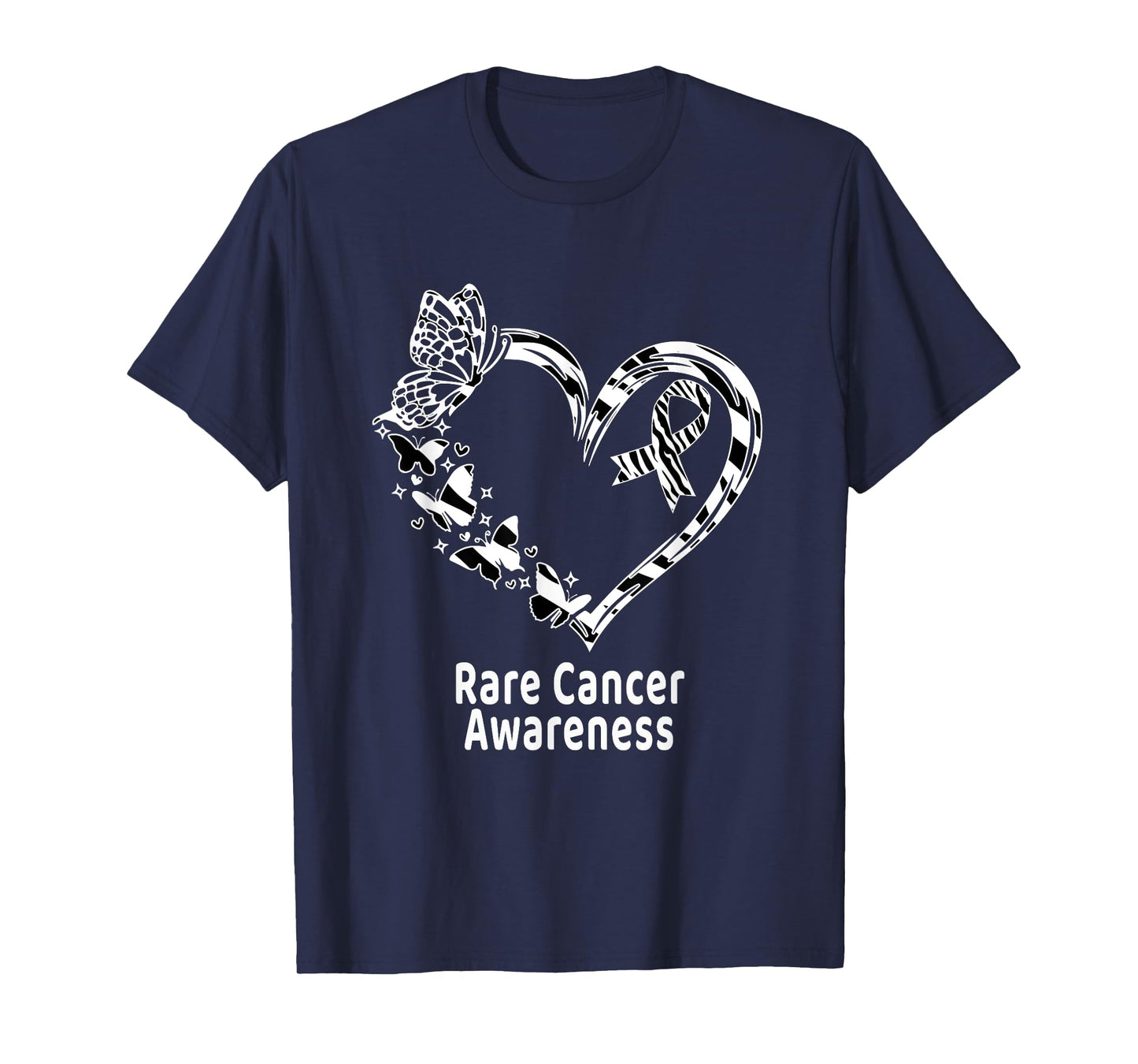 Rare Cancer Awareness Heart and Butterflies Zebra Ribbon T-Shirt