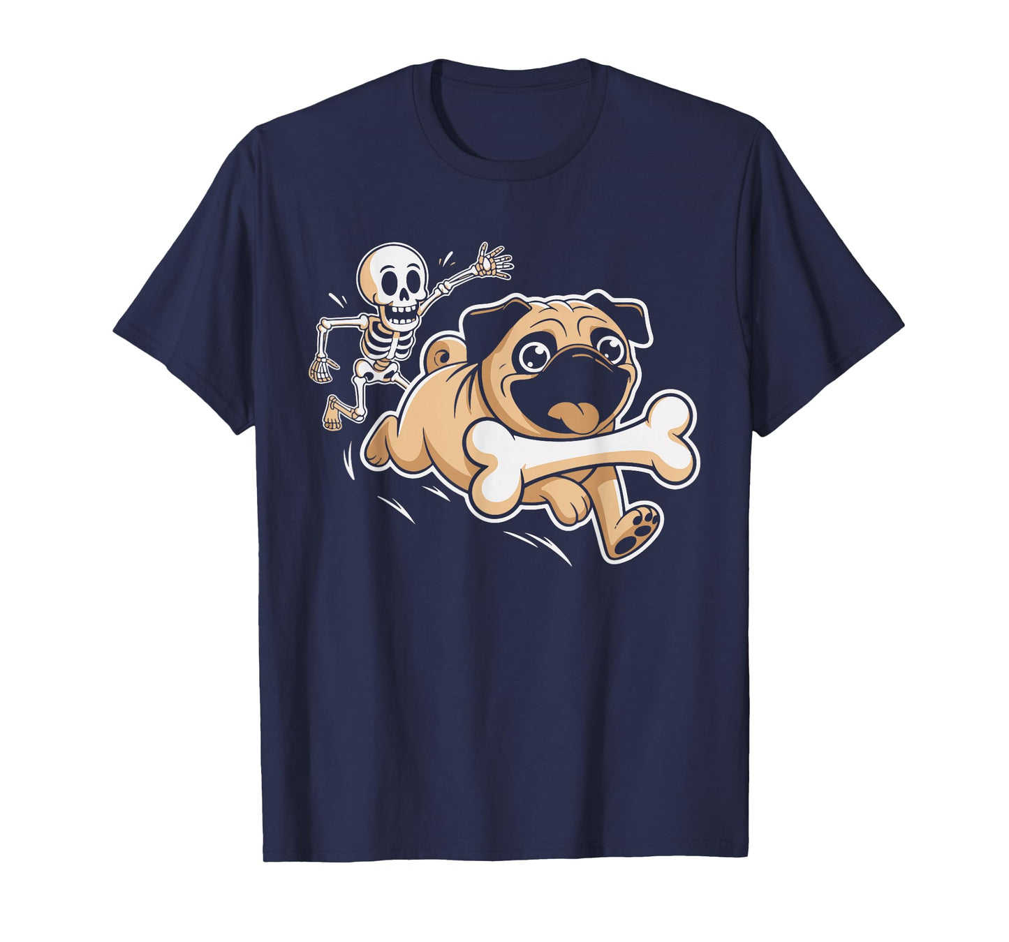 Funny Pug Dog Steals Bone from Skeleton Spooky Halloween T-Shirt