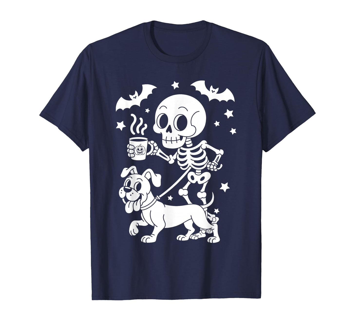 Skeleton Walking Boxer Dog Coffee Lovers Funny Halloween T-Shirt