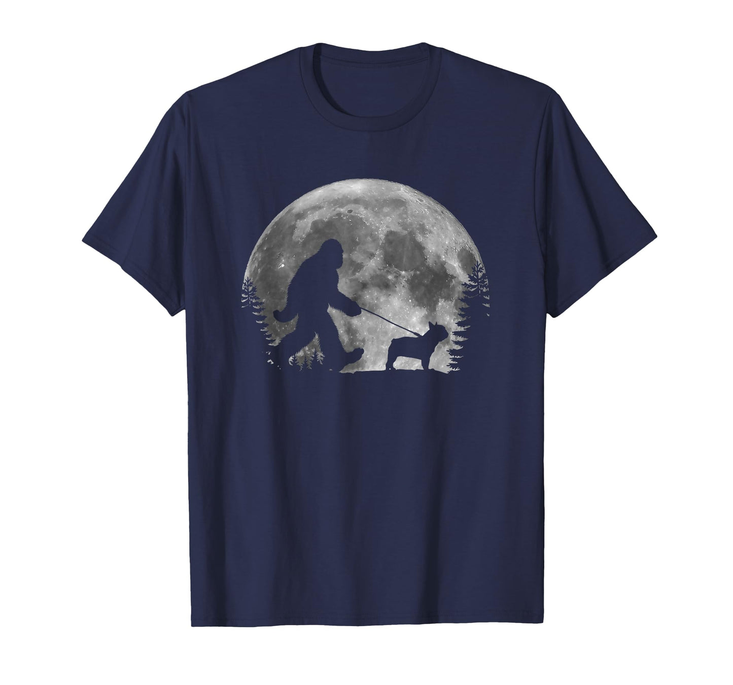 Bigfoot Walking a Dog Funny Frenchie Lovers Moon Halloween T-Shirt