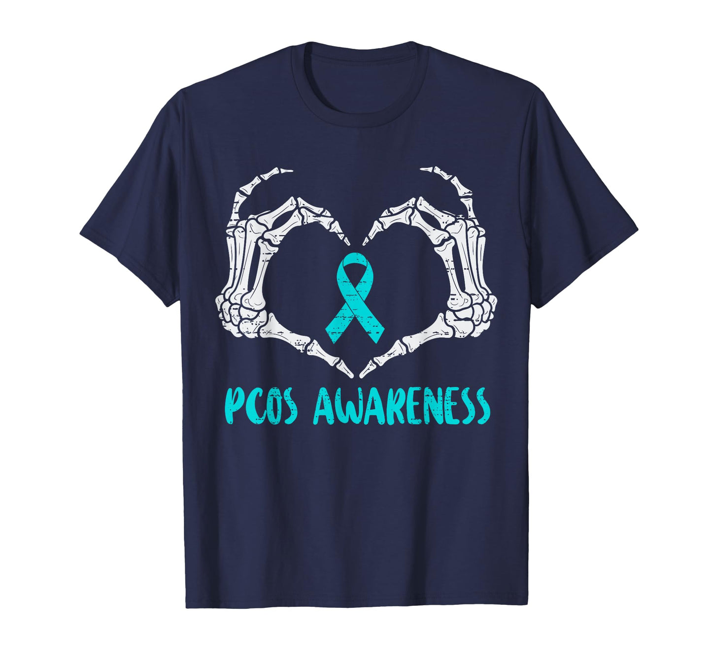 PCOS Awareness Skeleton Hand Heart Ribbon Teal Support T-Shirt