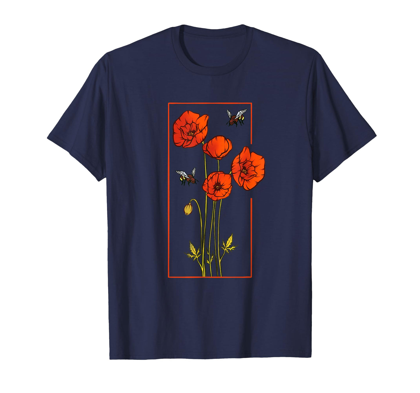 Floral Poppy Poppies Flower with Bees Wildflower T-Shirt