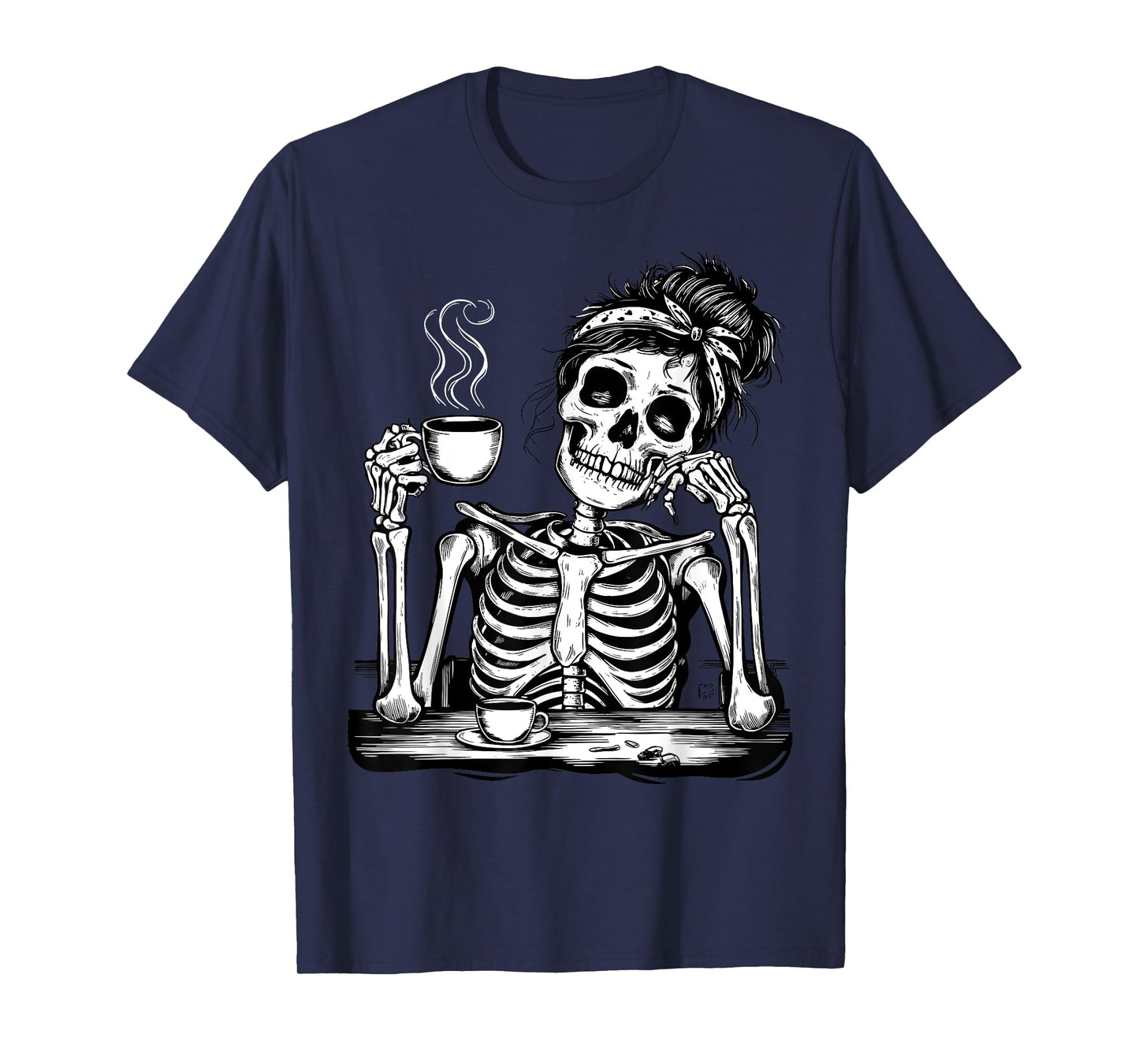 Messy Bun Drinking Coffee For Women Skeleton Tired Mom T-Shirt