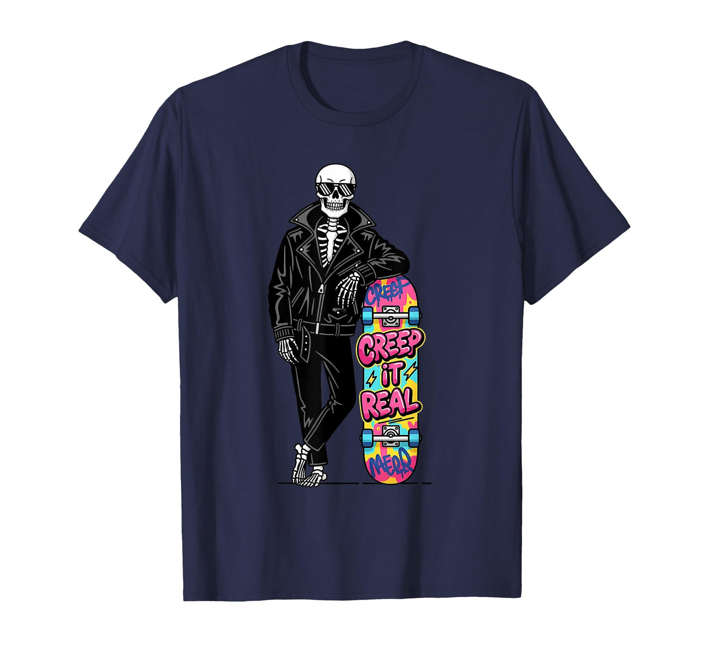 Creep It Real Spooky Season Skeleton Skateboarder Halloween T-Shirt