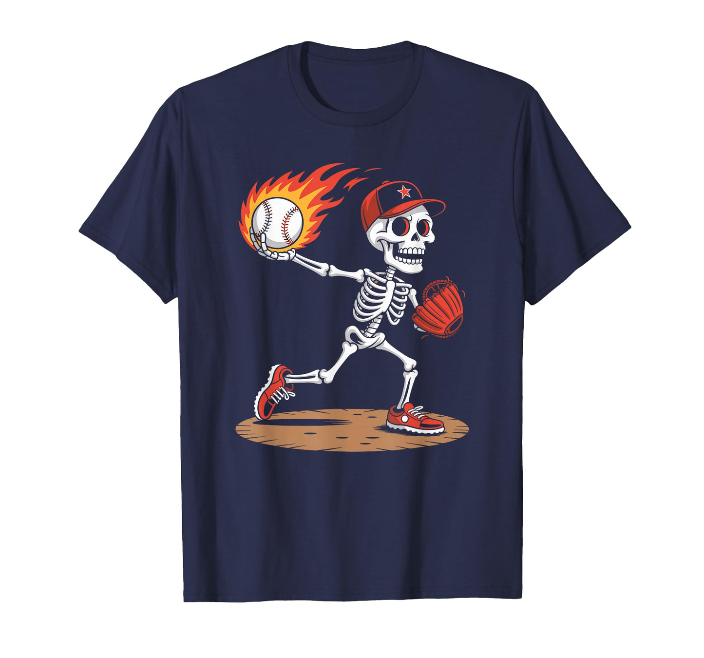 Halloween Skeleton Pitcher Flaming Baseball Graphic T-Shirt