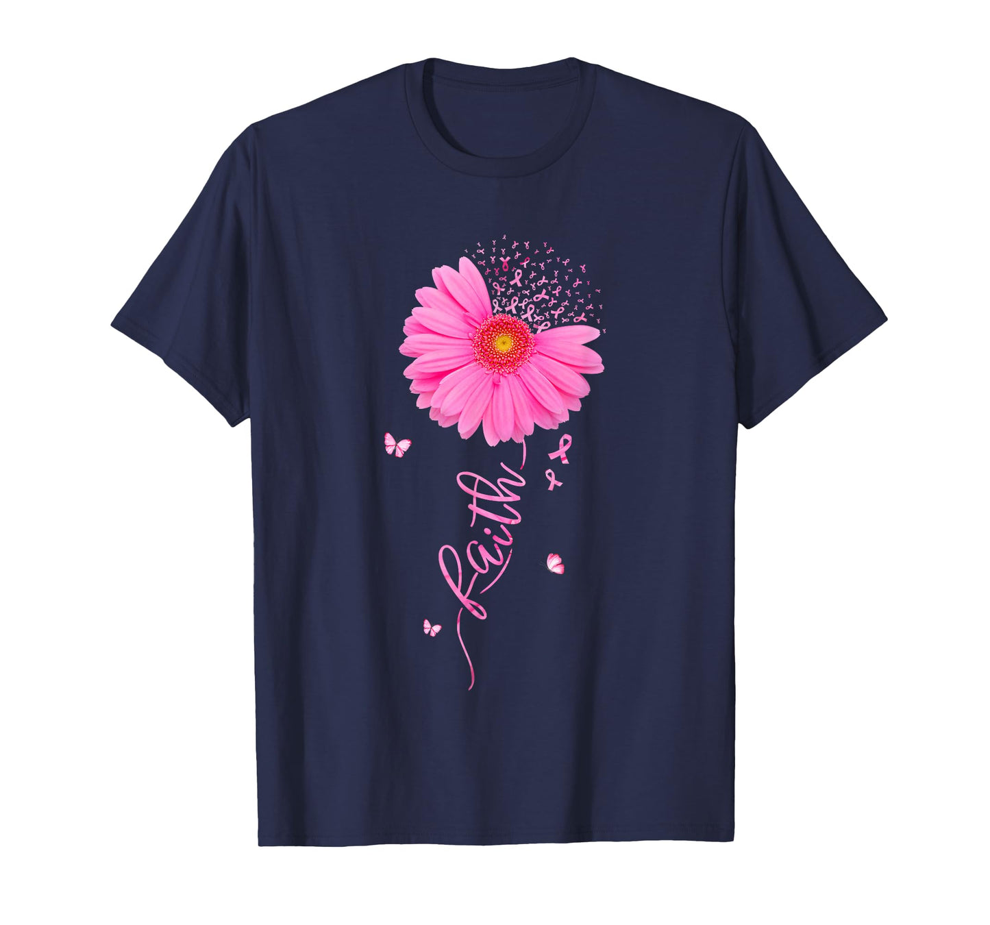 Faith Pink Ribbon Daisy Flower Breast Cancer Awareness Women T-Shirt
