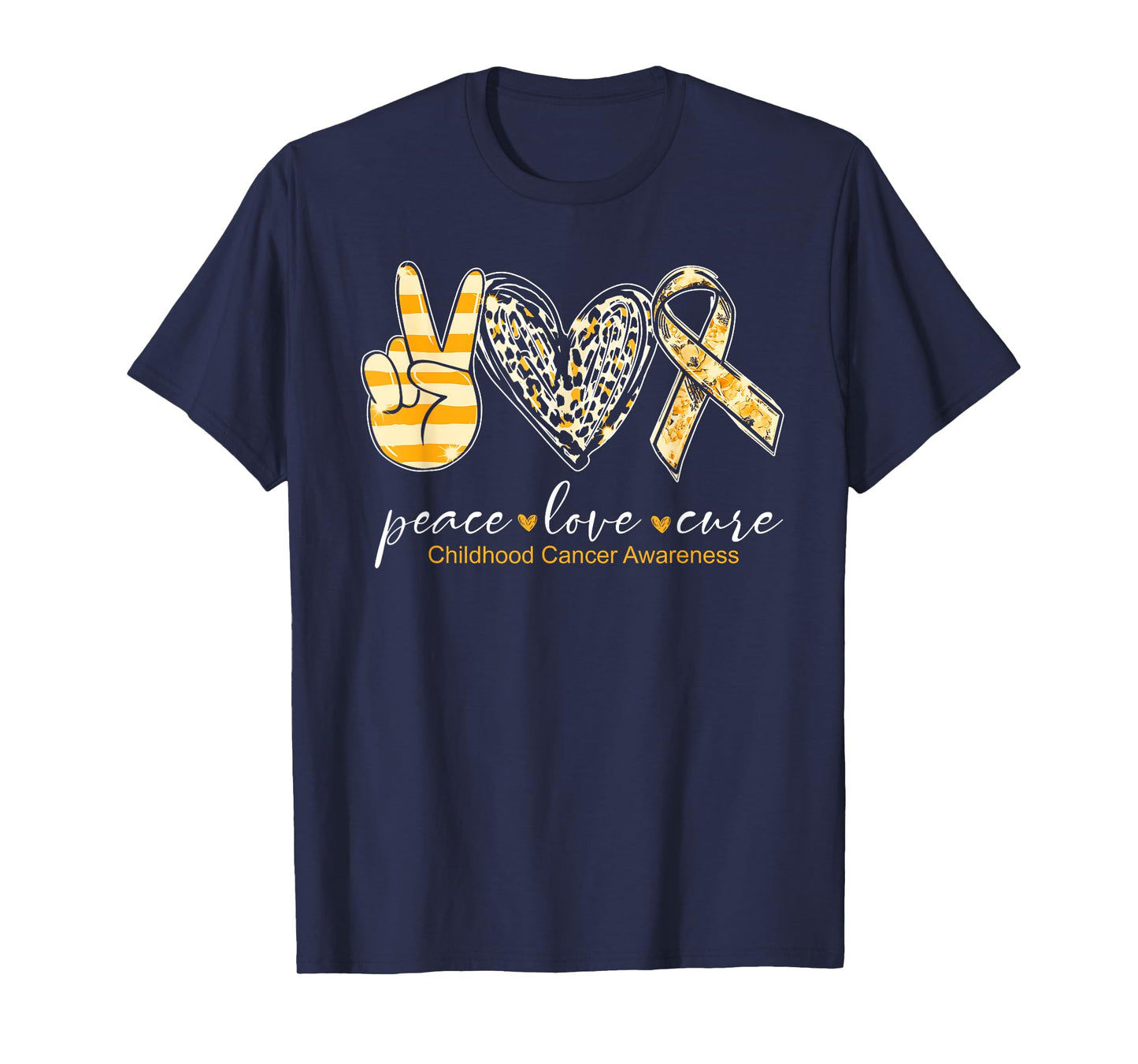 Peace Love Cure Gold Heart Ribbon Childhood Cancer Awareness T-Shirt