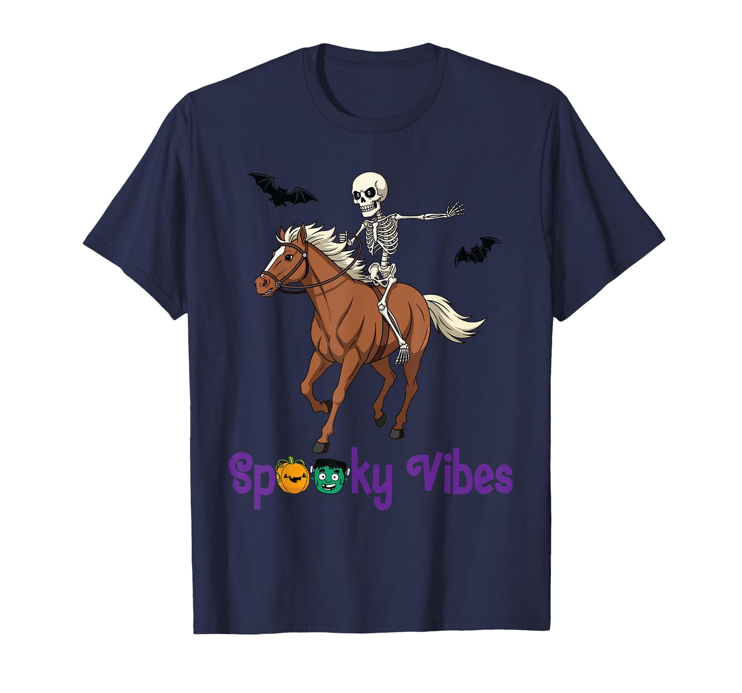Skeleton Riding Horse with Bats Funny Halloween Spooky Vibes T-Shirt
