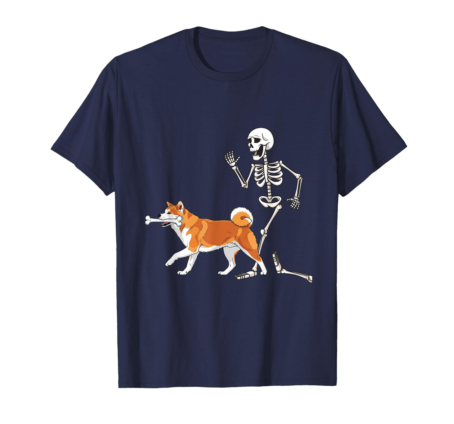 Funny Halloween Akita and Skeleton T-Shirt