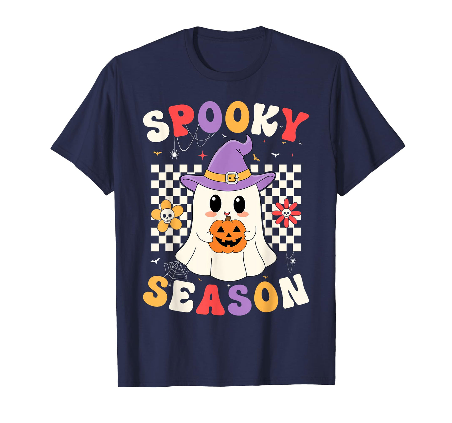 Groovy Spooky Season Witch Ghost Holding A Pumpkin Halloween T-Shirt