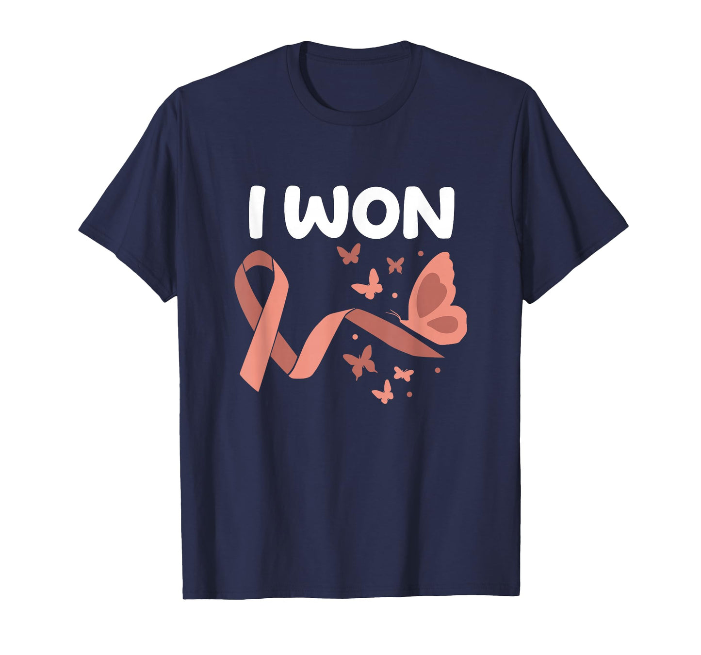 Peach Ribbon For Endometrial Cancer Awareness I Won! Endometrial Cancer Survivor. Butterflies Version Women's Black Cotton Polyester Blend Classic Fit Short Sleeve T-Shirt - Small