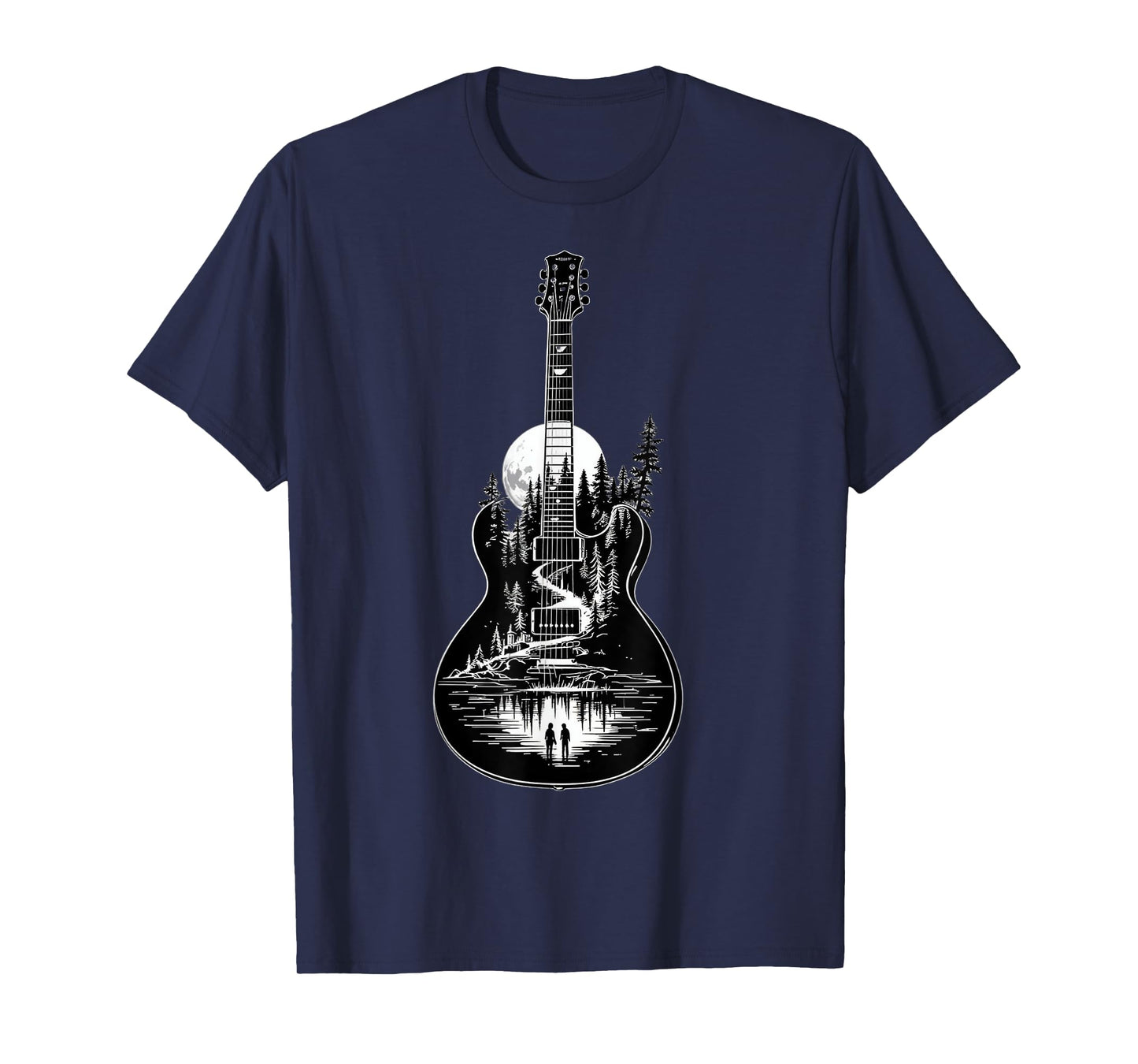 Guitar Lake Reflections Forest Pine Tree Moon Camp Guitarist T-Shirt