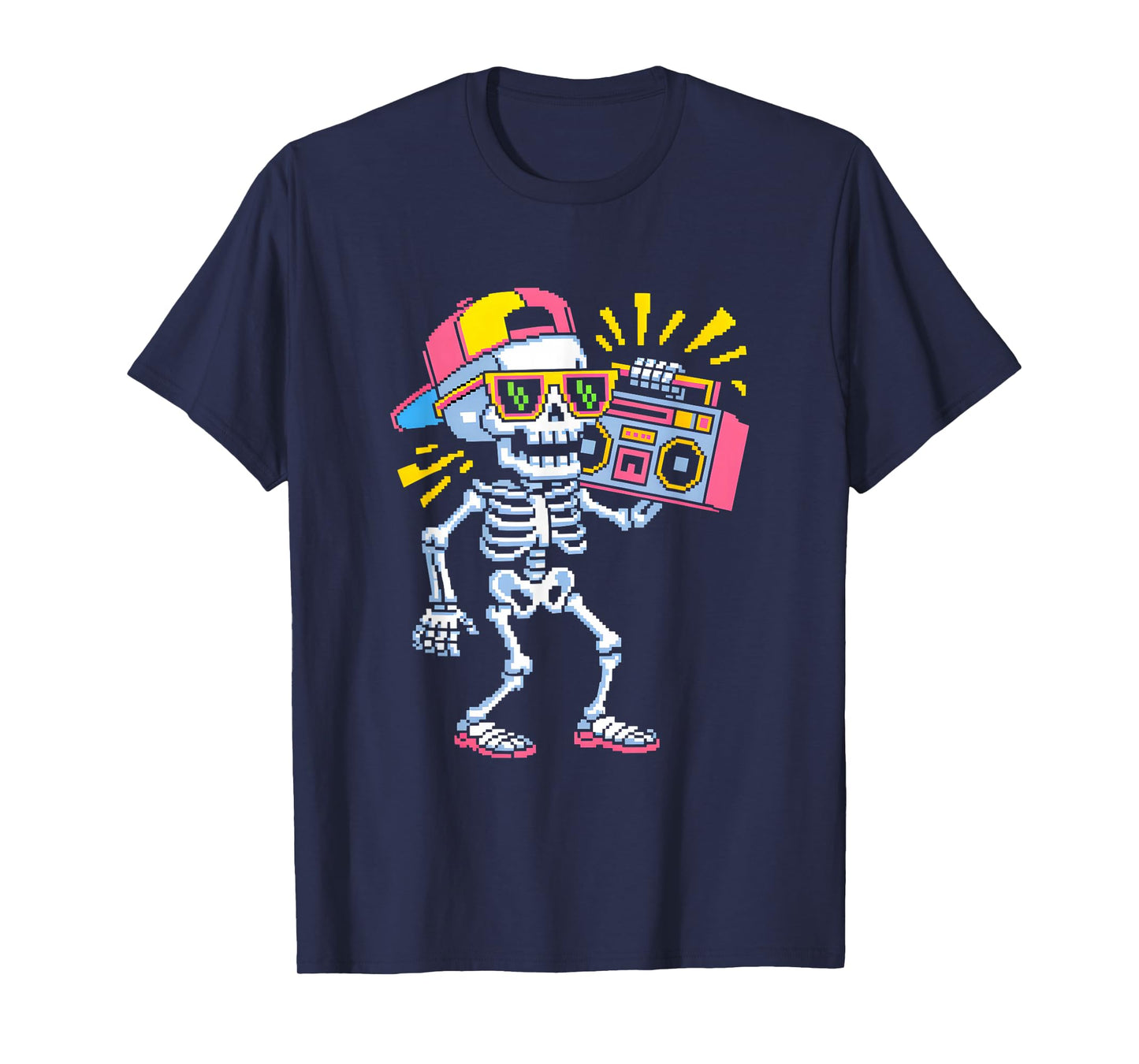 Funny Pixel Skeleton with Boombox 8 Bit Retro Party Design T-Shirt
