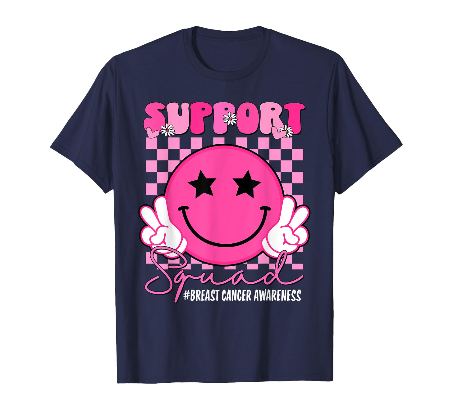 Support Squad Groovy Pink Smile Face Breast Cancer Awareness T-Shirt