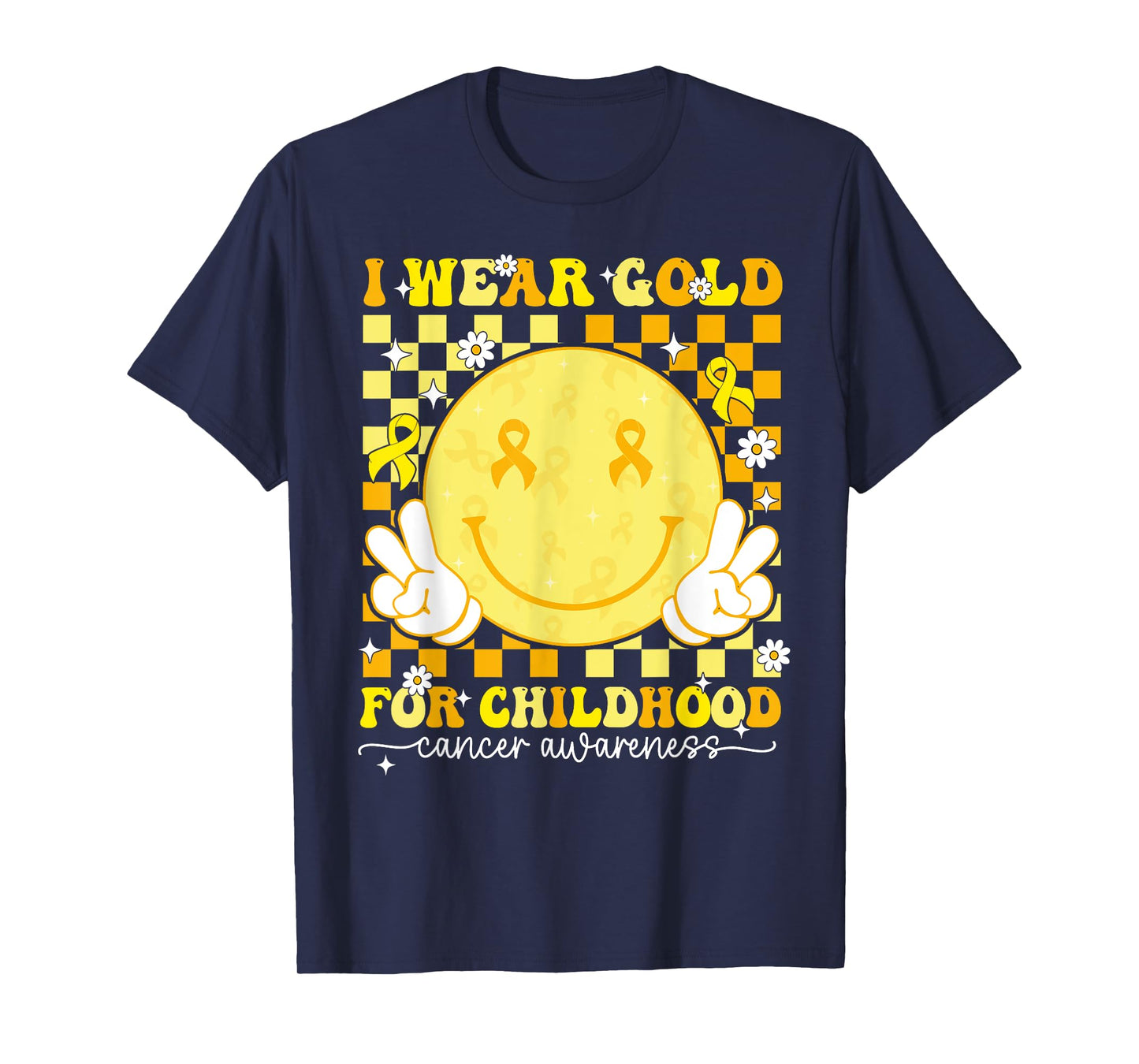 I Wear Gold Childhood Cancer Awareness Ribbon Groovy Retro T-Shirt