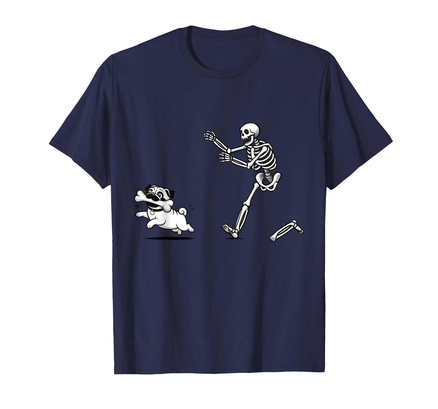 Cute Funny Skeleton Chasing Pug Dog Spooky Halloween Costume T-Shirt