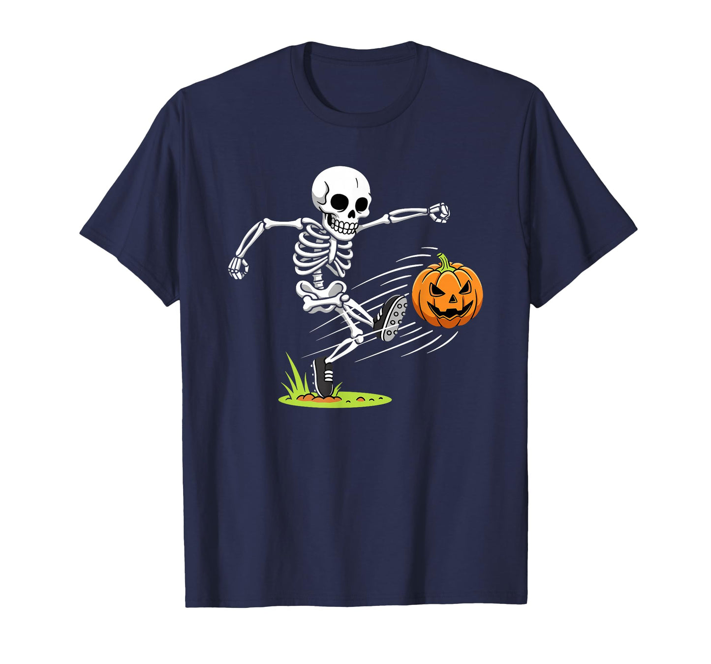 Skeleton Kicking Pumpkin Halloween Soccer T-Shirt