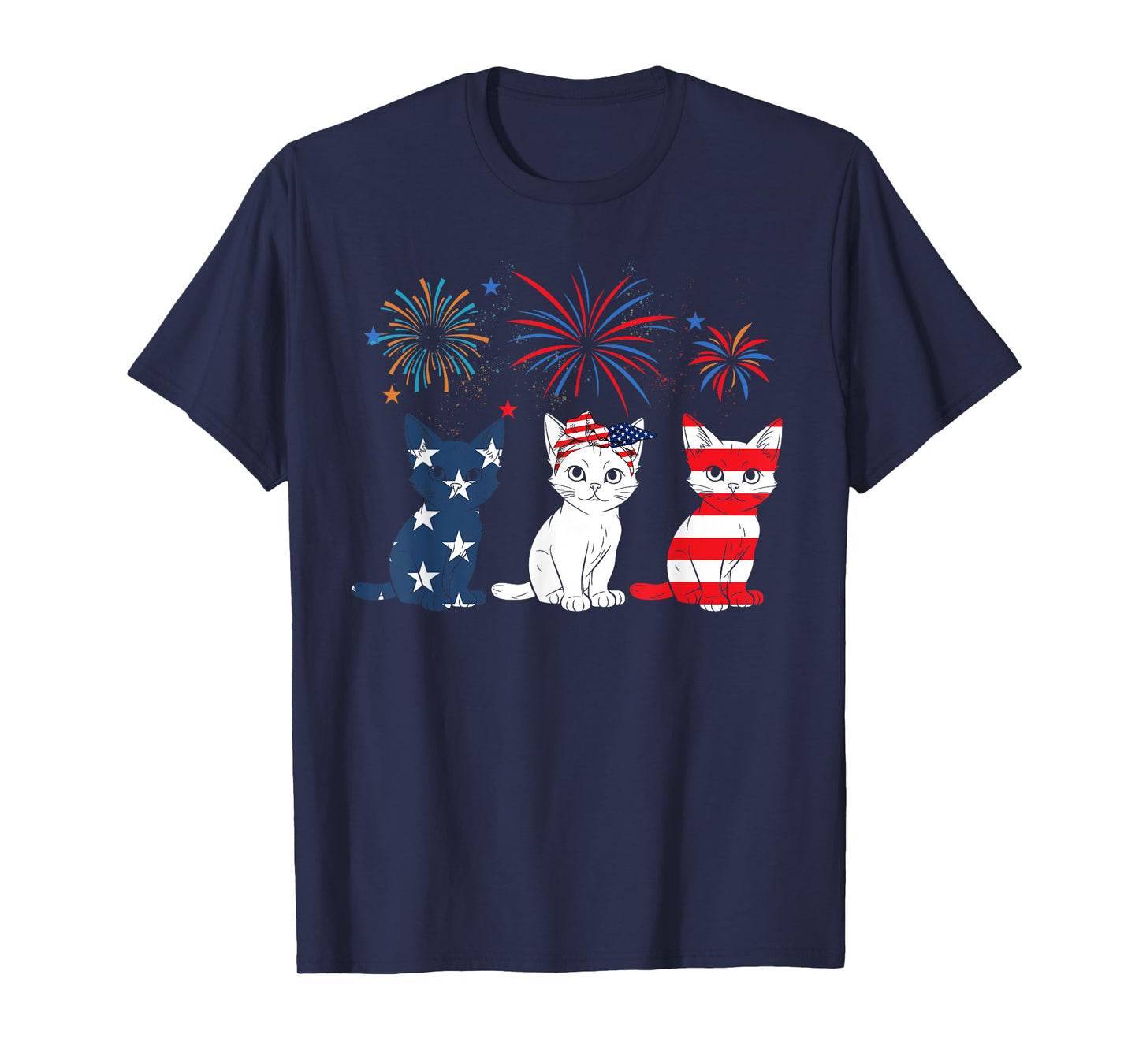 Red White Blue Cat USA Flag Firework 4th Of July T-Shirt