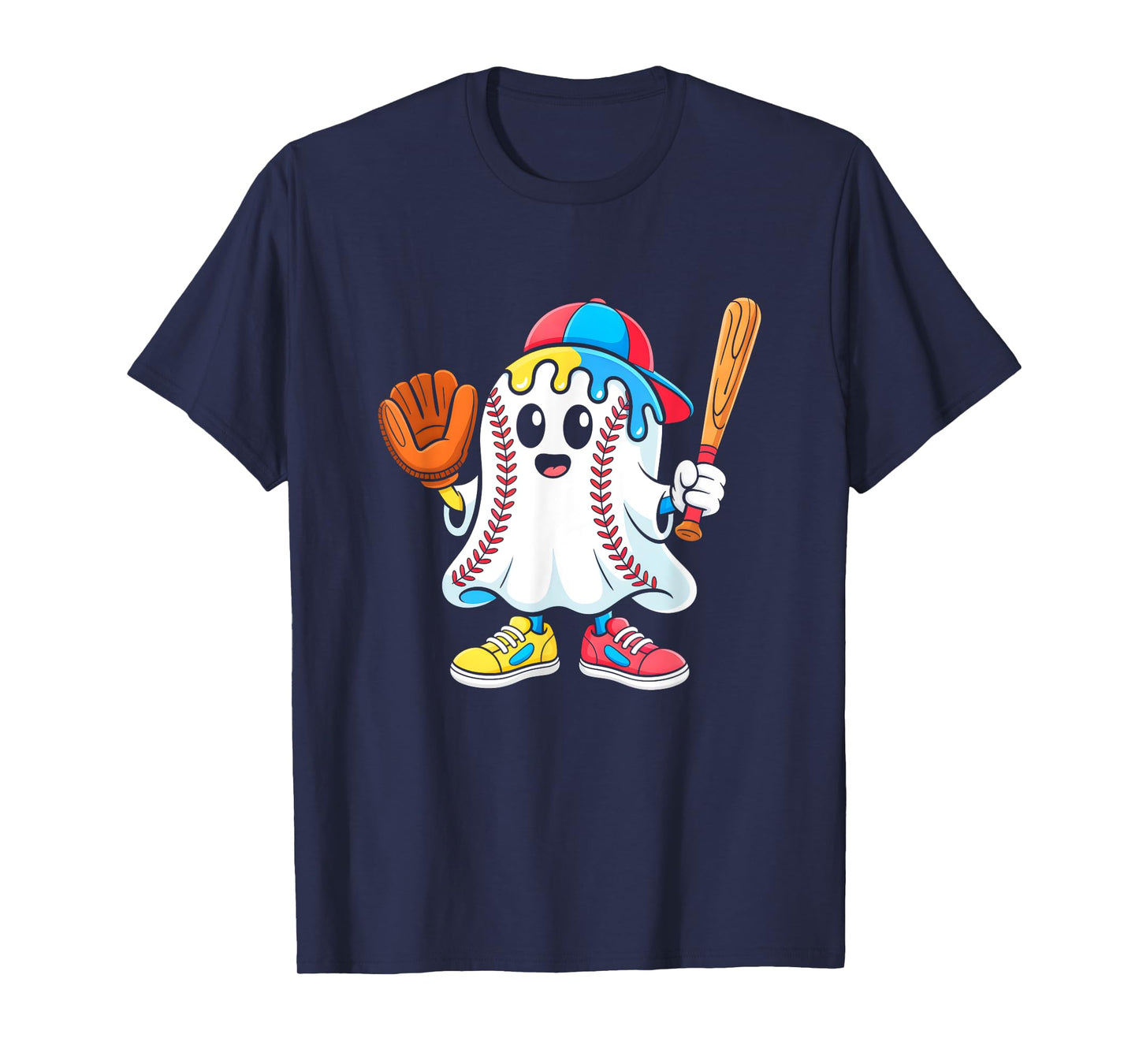 Ice Cream Drip Ghost Baseball Spots Baseball Drip Halloween T-Shirt
