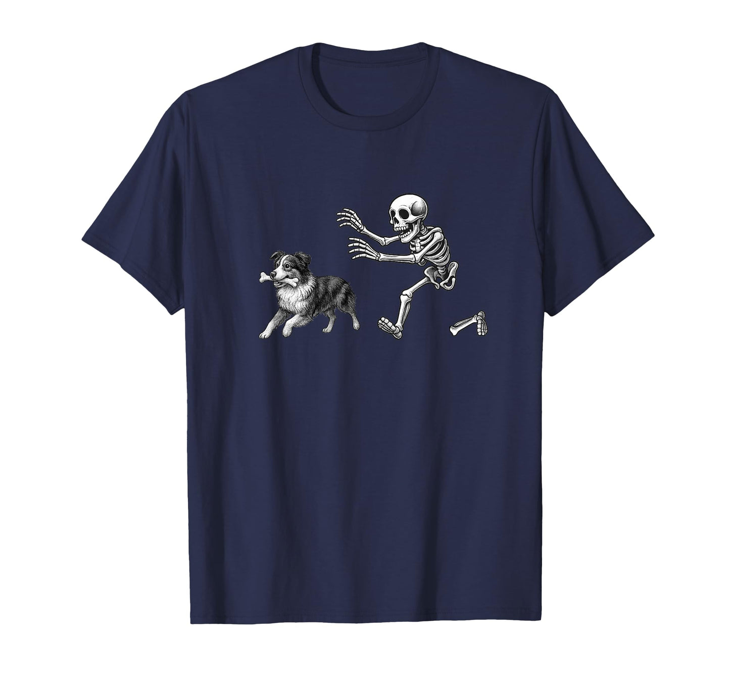 Funny Skeleton Chasing Australian Shepherd Dog Halloween T-Shirt