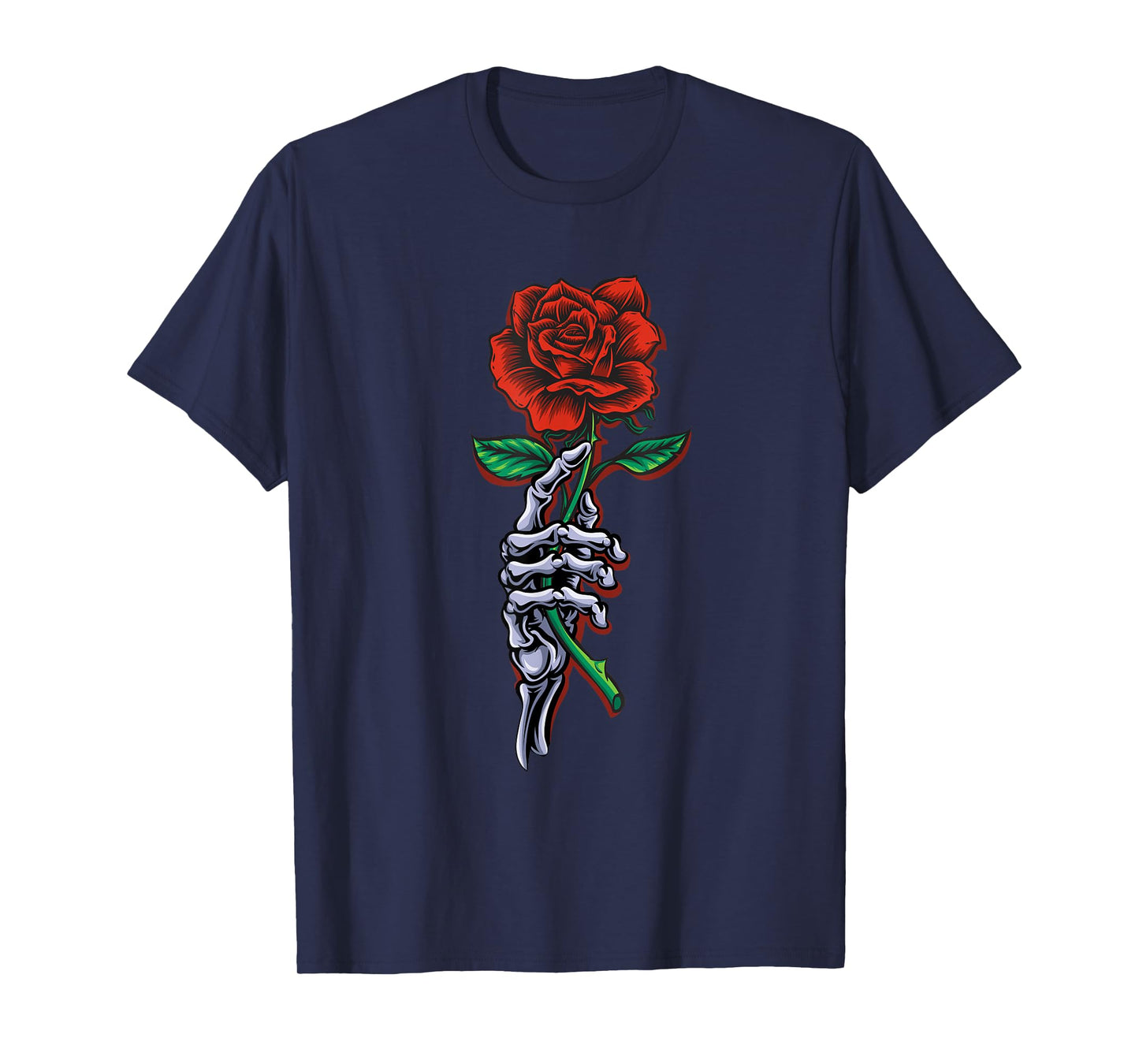 Skeleton Hand Holding Stem Red Rose Flower Graphic Design T-Shirt