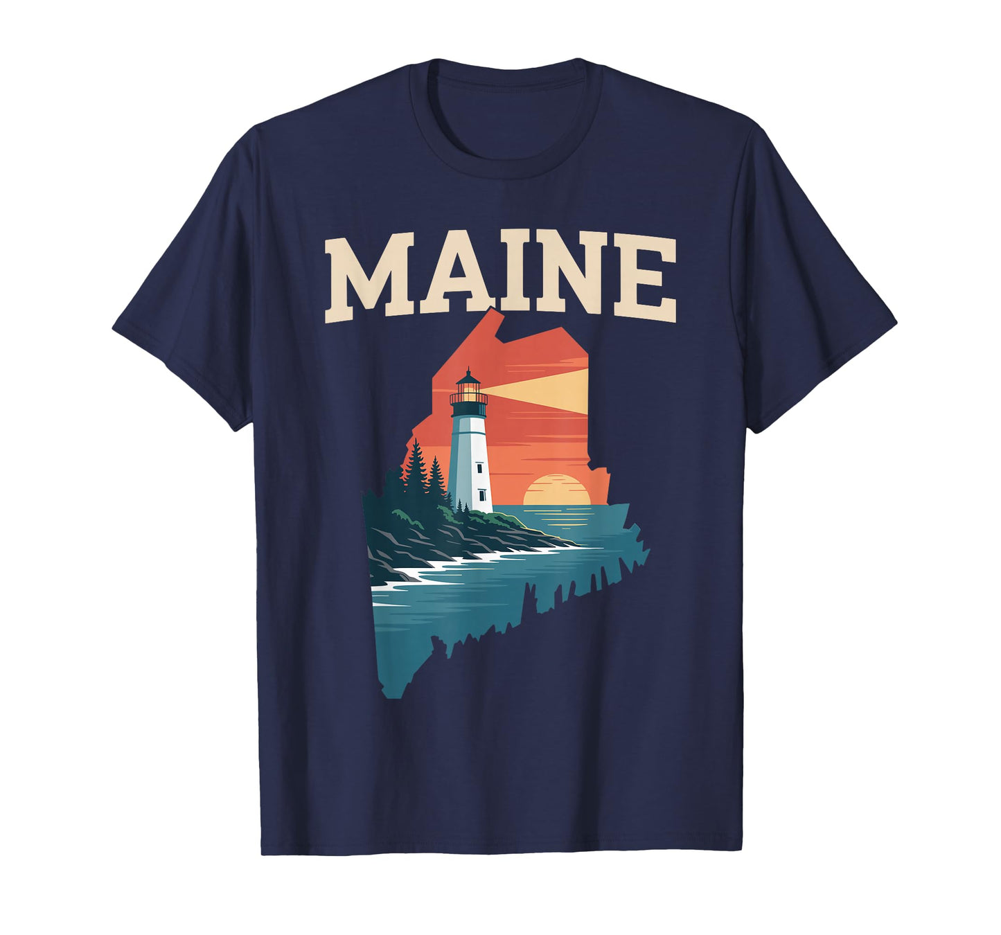 Maine Lighthouse Coastal Sunset Nature Retro T-Shirt