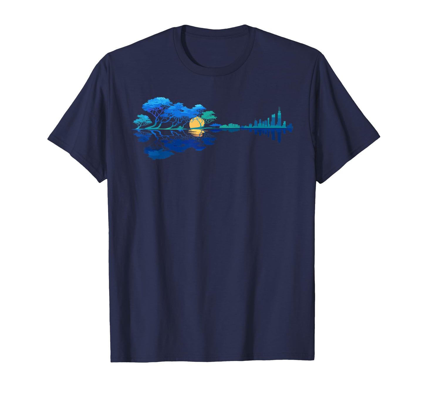 Guitar Lake Reflections Night Sky and Moon T-Shirt