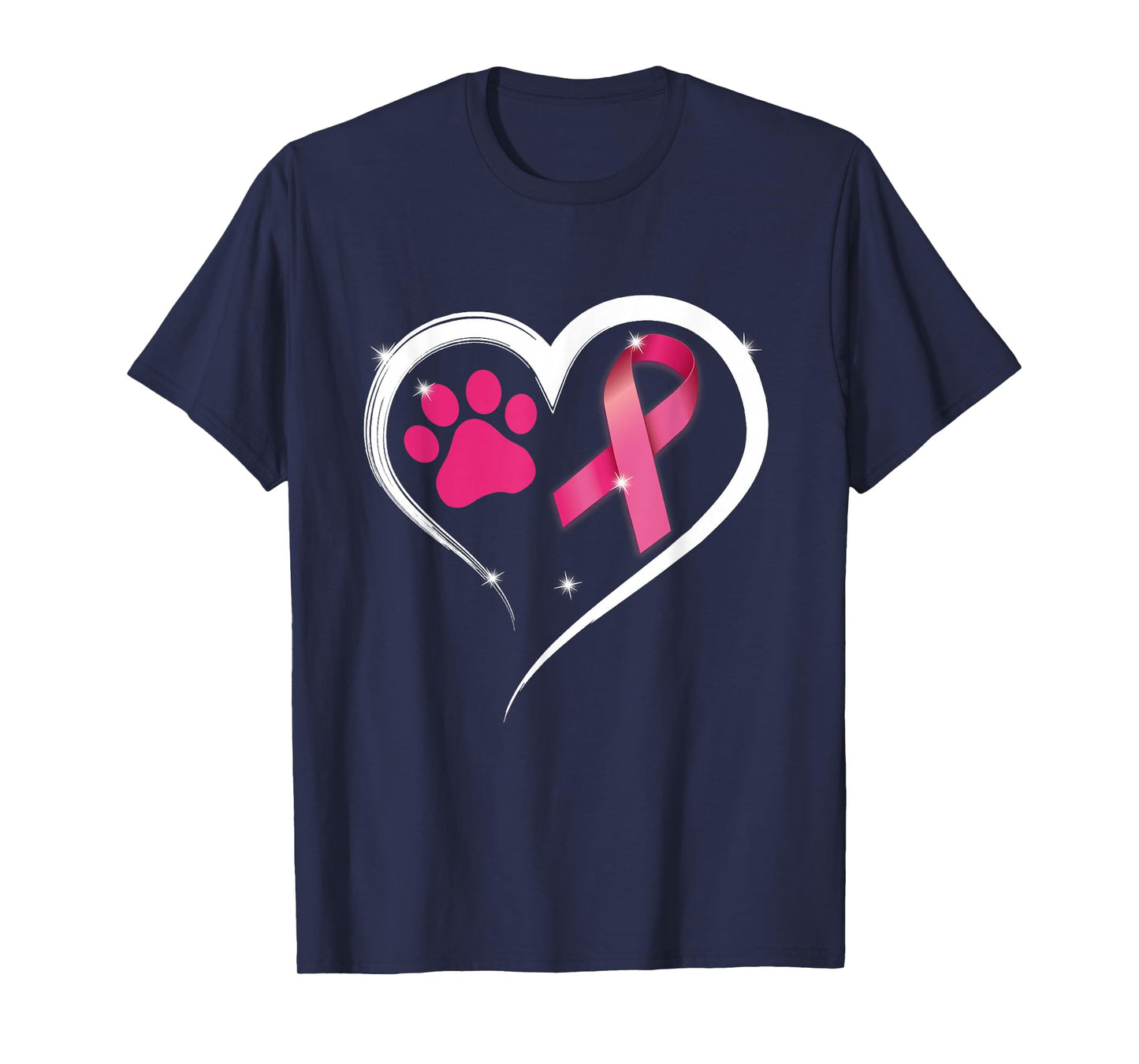 Heart Dog Paw Print Pink Ribbon Breast Cancer Awareness T-Shirt