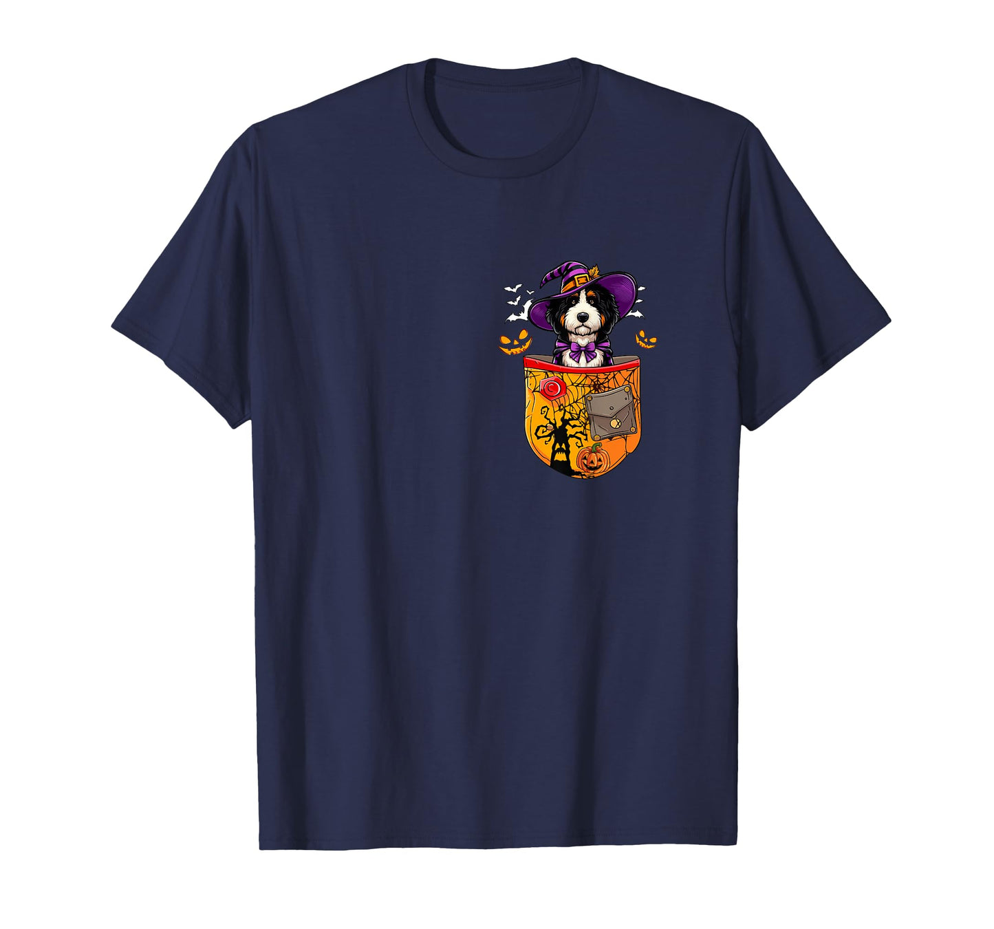 Bernedoodle As Witch in Pocket Halloween Dog Owner Family T-Shirt