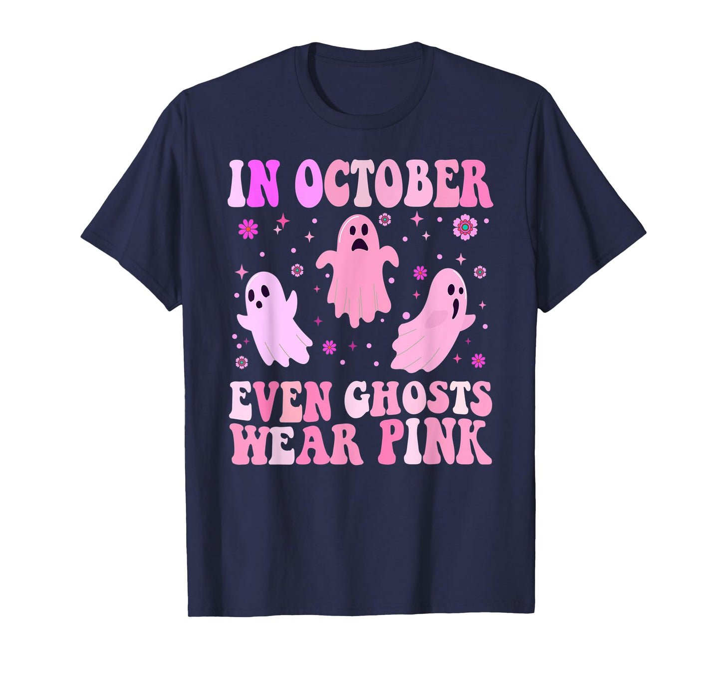 Breast Cancer October Even Ghost Wear Pink Groovy Halloween T-Shirt