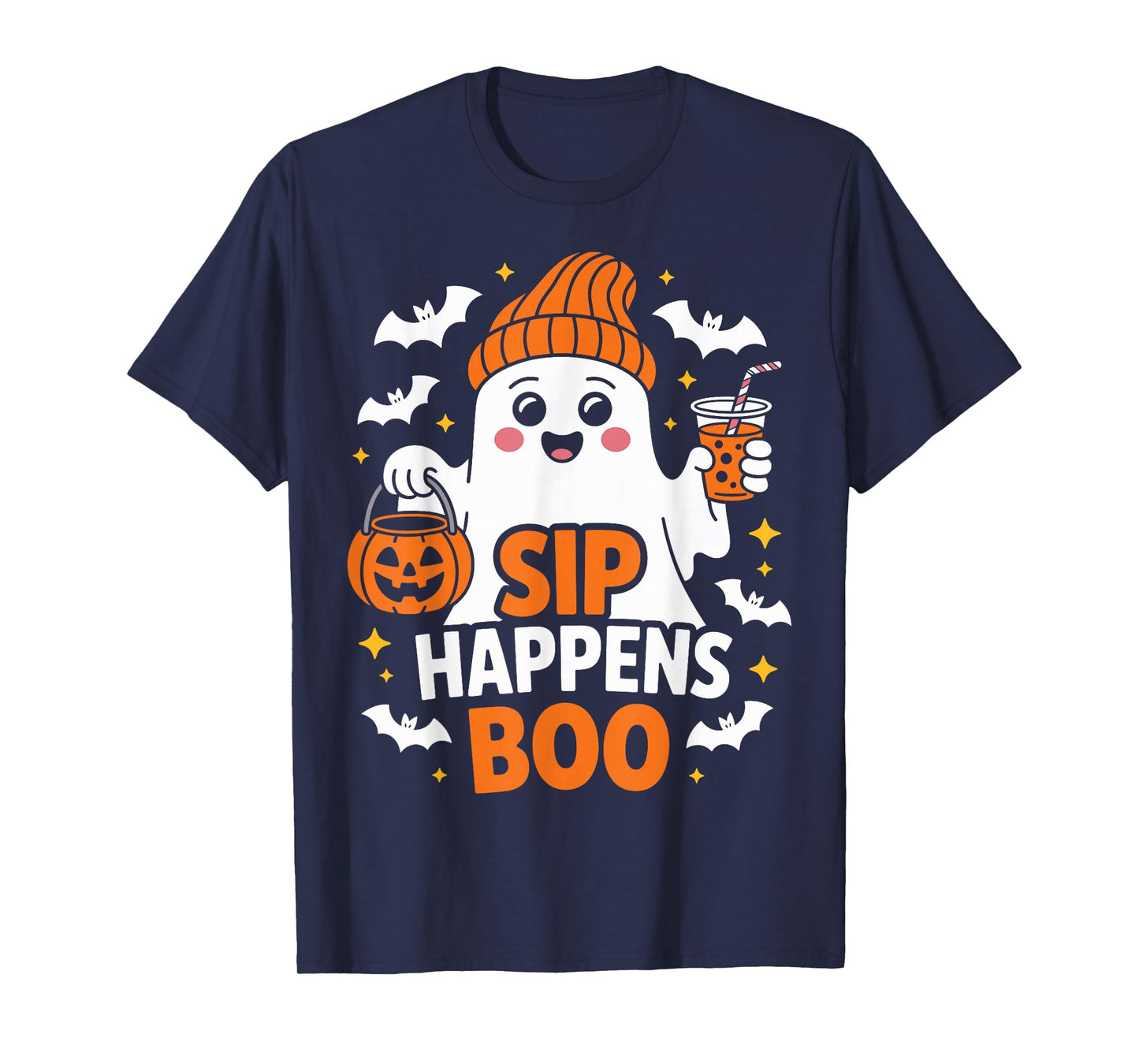 Funny Cute Ghost Sip Happens Boo Halloween Party T-Shirt