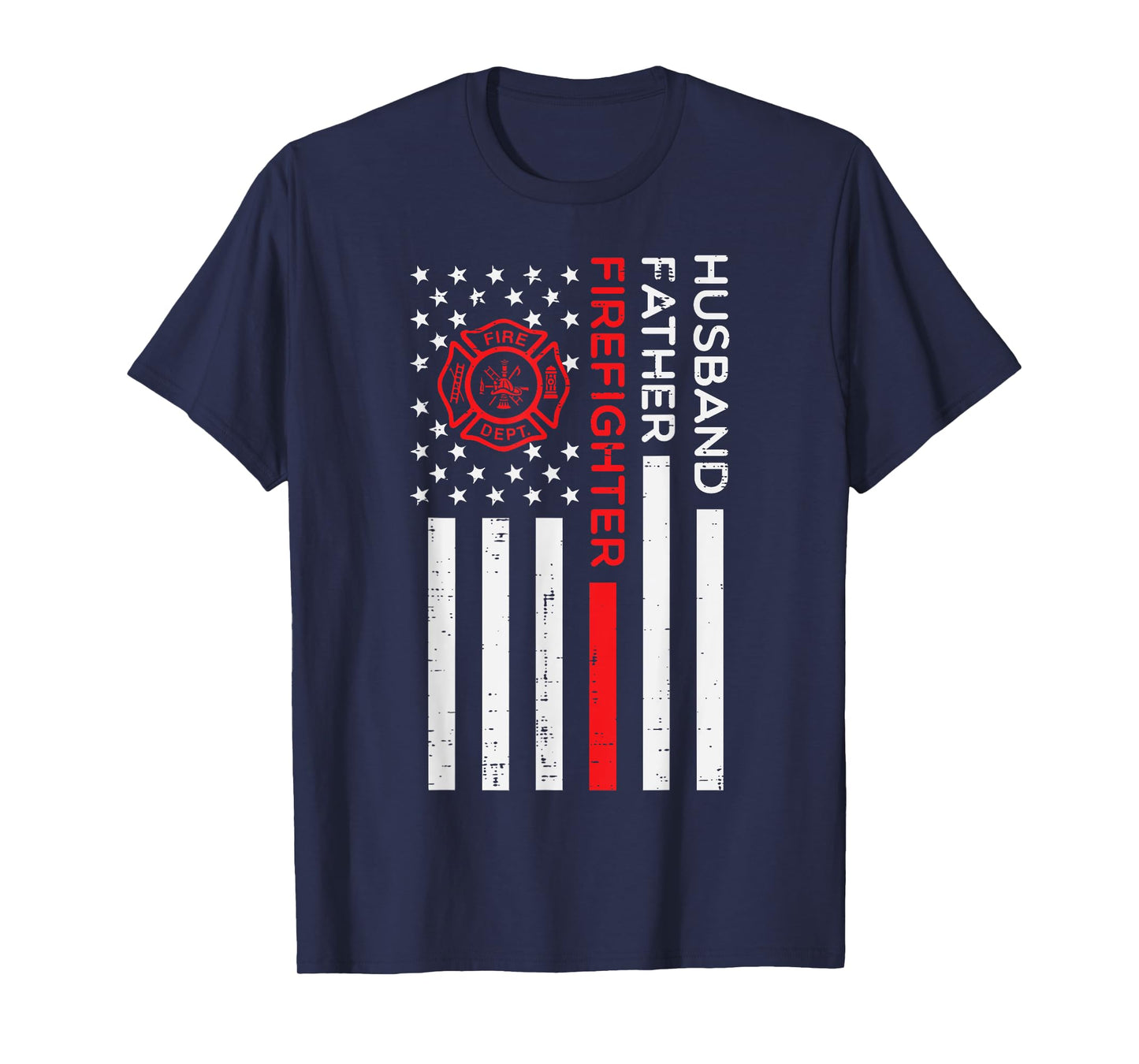 Husband Father Firefighter US Flag Fathers Day Fireman Men T-Shirt