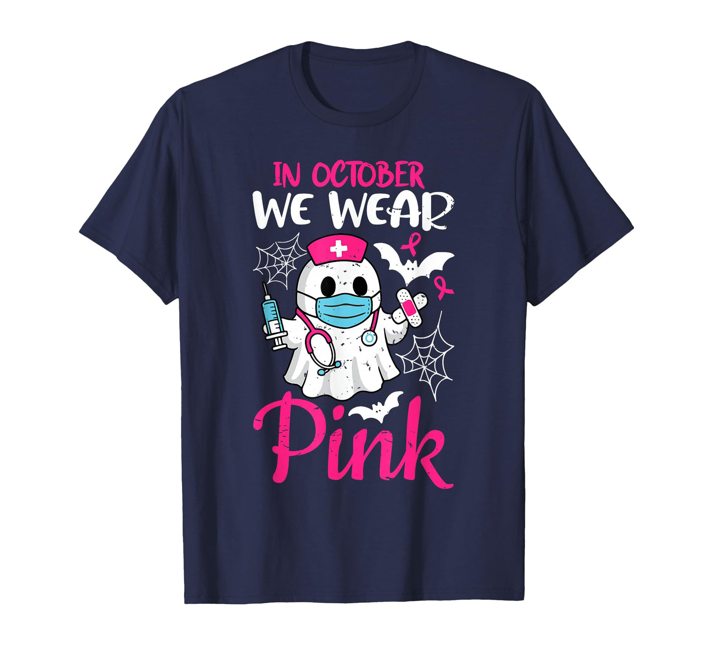 Ghost Nurse Halloween Nursing Breast Cancer Pink Ribbon T-Shirt